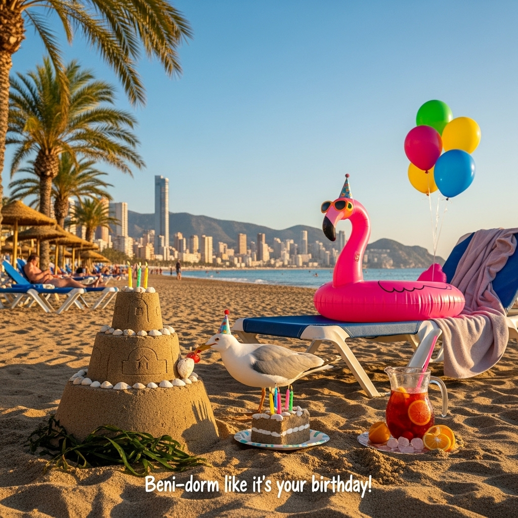 Ultra high definition 4K photorealistic vertical photograph of a funny Benidorm beach birthday scene at golden hour. Foreground: a three-tier sandcastle sculpted like a birthday cake, decorated with smooth shells and seaweed “ribbon,” with a few slightly melted birthday candles stuck in the top; a cheeky seagull in a tiny party hat leaning in to peck a slice of the “cake” placed on a paper plate; nearby, a sun lounger with a bright pink inflatable flamingo ring wearing sunglasses and a miniature party hat, colorful helium balloons tied to the lounger (one balloon escaping upward); a frosty pitcher of sangria with fruit condensation-beaded on the glass, and a crumpled beach towel. Midground: palm fronds framing the left, softly bokeh beachgoers and umbrellas. Background: the iconic Benidorm skyline of sunlit high-rise hotels along Levante Beach, shimmering turquoise Mediterranean, distant hazy mountains, long warm shadows, natural lens flare. Shot from a low sand-level angle on a full-frame DSLR, 50mm lens, f/2.8, ISO 100, 1/800s, shallow depth of field focused on the sandcastle cake and seagull; lifelike textures of sand grains, plastic sheen on the flamingo, feather detail, realistic reflections on wet sand. Vibrant, sunny, cheeky, comedic vacation vibe. Add one small caption on the image, bottom center over the sand in clean white brush lettering with a soft drop shadow: “Beni-dorm like it’s your birthday!” No other text, no logos, no watermarks.
Generated with these themes: Benidorm, and .
Made with ❤️ by AI.