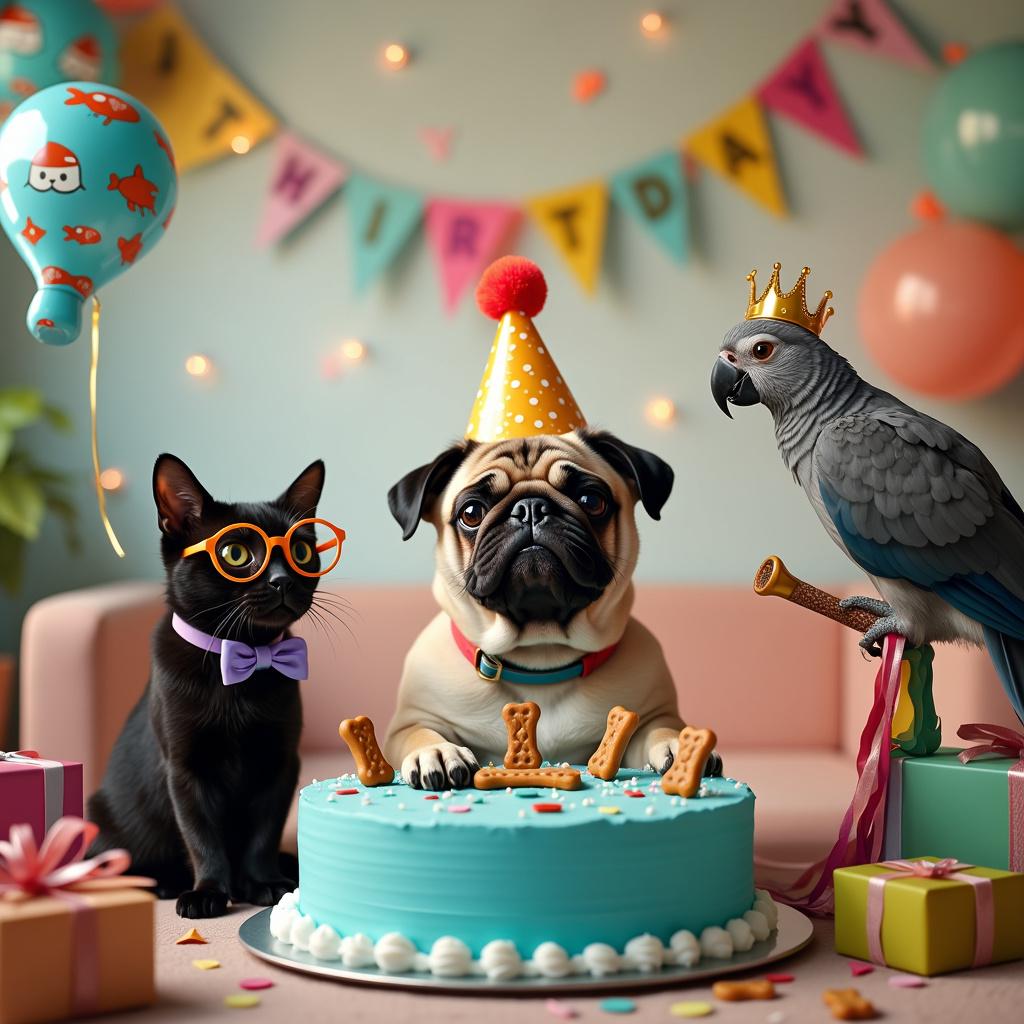 Pug, black cat & African grey parrot Birthday Card