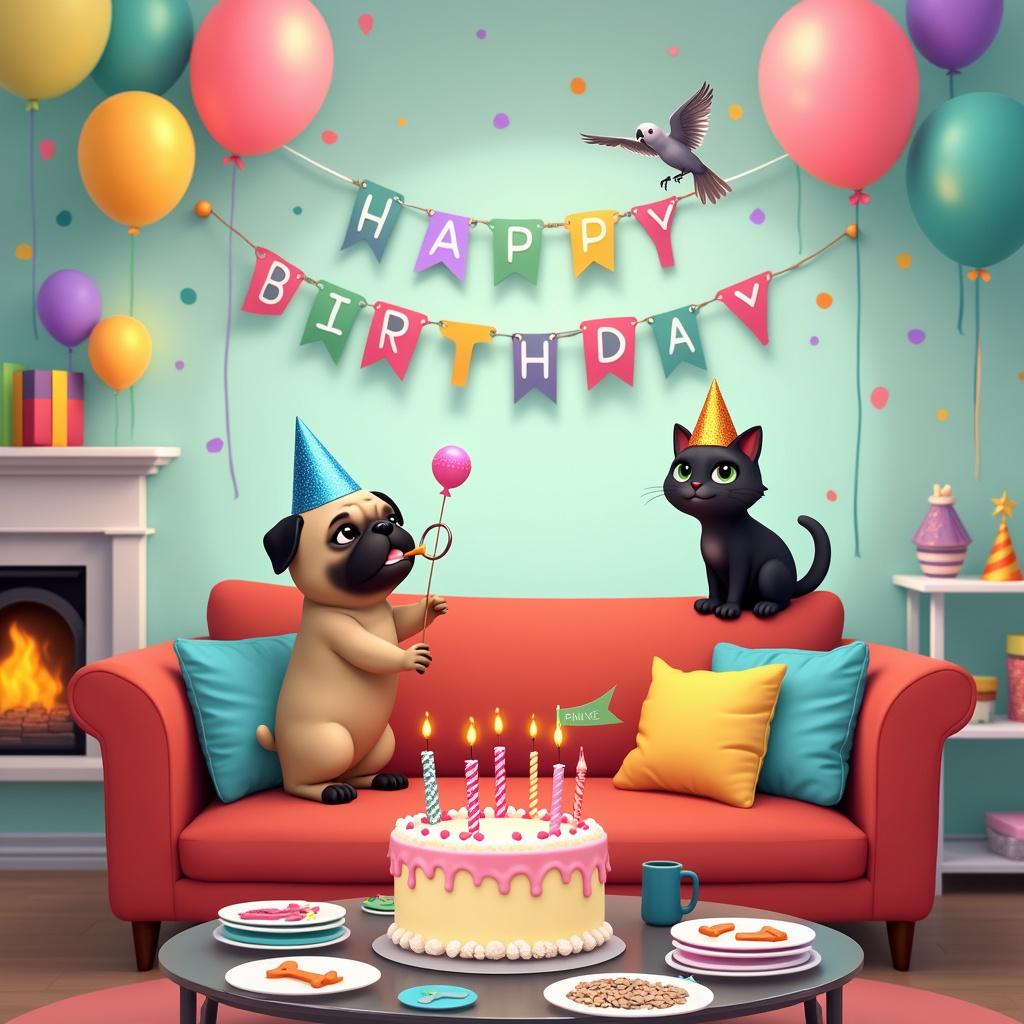 In a cozy living room decorated for a birthday celebration, the walls are painted a pastel blue, adorned with colorful balloons of various shapes and sizes scattered throughout the space. Above a warm fireplace hangs a big 'Happy Birthday' banner in vibrant rainbow colors, while streamers in purple, green, and gold elegantly drape from the ceiling. At the center of the room sits a plush red velvet couch, accented with a few throw pillows shaped like birthday cakes. Positioning the scene perfectly, a glass coffee table stands in front of the couch, featuring a delightful birthday cake adorned with candles shaped like bones, fish, and bird seeds. Surrounding the cake are colorful plates embellished with paw prints, cat faces, and feathers, along with party hats in assorted sizes and shapes.

On the couch, a fawn pug sits proudly, wearing a blue party hat complete with a pom-pom on top, a big grin gracing its face, and a party blower held in its mouth. Nestled next to the pug is a black cat, curled up and wearing a glittery pink party hat, its green eyes sparkling with mischief as it keeps a small, half-eaten fish-shaped treat nearby. Perched on the back of the couch is an African grey parrot, sporting a tiny cone-shaped party hat and holding a small party flag in its beak, its wings slightly spread, appearing ready to join in the festivities.

Next to the couch, a stack of present boxes wrapped in bright paper featuring paw prints, fish scales, and feather designs sits, each topped with big bows. Behind the couch, curtains are pulled back, revealing a sunny day outside, with birds flying by and a blooming garden visible through the window. On the coffee table lies an open birthday card, showcasing a handwritten message that reads, "To our furry and feathered friends, Happy Birthday!"

Generated with these themes: Pug, black cat & African grey parrot.  
Made with ❤️ by AI.