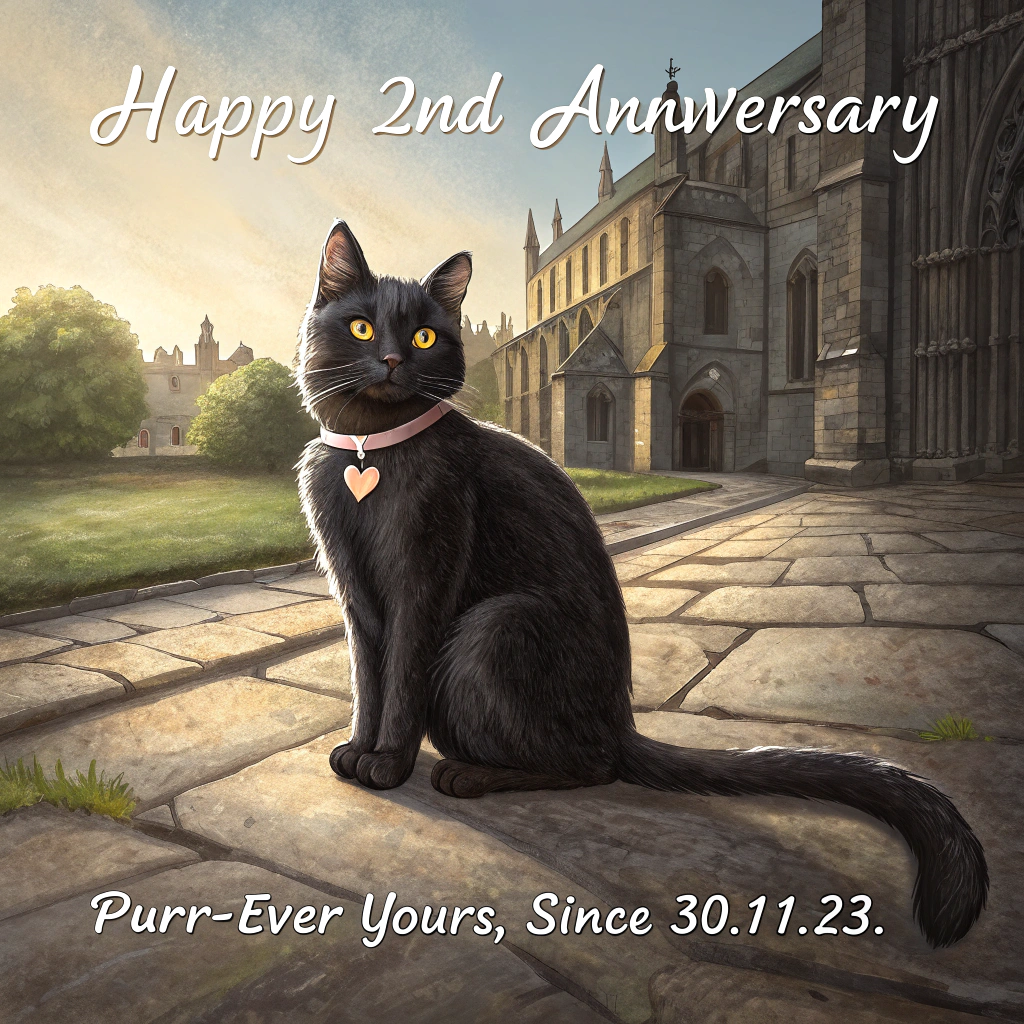 At the top of the Photorealistic picture taken from a camera image, "Happy 2nd Ahhiverasy"
At the bottom of the image, "Purr-ever yours, since 30.11.23."

Vertical 4K UHD photorealistic camera photograph, sincere and heartfelt. Foreground: an elegant black cat sits calmly on the worn stone path of Canterbury Cathedral’s grounds, tail curled around its paws, glossy fur with soft golden rim light; golden-green eyes reflecting the cathedral. The cat wears a simple satin collar with a small heart-shaped brass tag (tasteful engraving visible). Beside the cat rests a small bouquet of two ivory roses with eucalyptus and silk ribbon; two intertwined gold rings nestle on the ribbon to echo the 2nd anniversary. Background: Canterbury Cathedral in soft focus, late-autumn golden hour, warm sunlight washing the pale limestone, long shadows, a few fallen amber leaves, gentle bokeh and faint cool air haze. Composition: eye-level, rule-of-thirds with the cat in the lower third, generous negative space above for the headline, shallow depth of field (85mm lens, f/1.8, ISO 100), accurate lighting, lifelike textures, rich depth. Text styling: headline set in elegant ivory serif with a subtle soft shadow for legibility; bottom line in a gentle italic, understated and warm. No people, no illustration—true-to-life scene with natural lens bokeh and ultra-high-definition detail.
Generated with these themes: 2nd Anniversary, 30.11.23, Canterbury Cathedral, Black cat, and .
Made with ❤️ by AI.