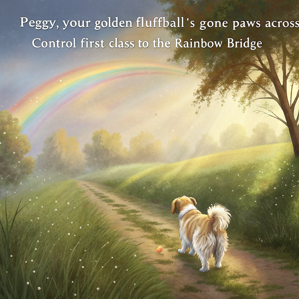 At the top of the realistic photograph image, "Peggy, your golden fluffball’s gone pawsport control—first-class to the Rainbow Bridge."

- The image should depict a serene, realistic photograph of a gently sunlit path arching like a soft rainbow over a peaceful meadow.
- In the foreground, a gold and white Shih Tzu walks slowly away from the viewer, toward the arching light.
- Subtle glints of soft color from the “rainbow bridge” reflect off dewy grass, adding an ethereal feel.
- A few white feathers drift through the still air, symbolizing peace.
- In the far distance, warm golden light softly glows, creating a tranquil passage.
Generated with these themes: Gold and white shi tzu crossing the rainbow bridge .
Made with ❤️ by AI.