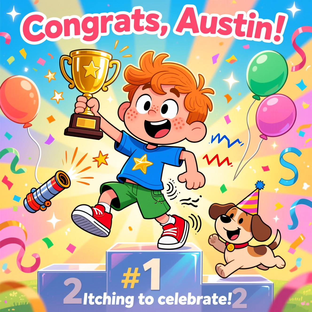 At the top of the Cartoon Style image, "Congrats, Austin!"

Big, playful cartoon scene in bright, saturated colors with thick outlines and energetic, whimsical motion. Center stage: a ginger-haired boy with freckles, oversized head and expressive eyes, in a bold blue T-shirt with a gold star, red sneakers, and green shorts—fully clothed and wholesome. He’s on a shiny #1 podium, doing an exaggerated celebratory wiggle dance while holding a gleaming trophy high. Comedic motion swooshes and tiny starbursts/zigzag “itch lines” near his back pocket suggest an itchy bum in a silly, non-suggestive way; one hand awkwardly hovering behind as he fidgets. Confetti cannons pop, balloons float, streamers curl, and a little party-hat-wearing dog jumps beside him cheering. Sunny burst background with candy-color gradients and sparkles. Keep the vibe slapstick-funny and triumphant.

At the bottom of the Cartoon Style image, small playful caption: "Itching to celebrate!"
Generated with these themes: Ginger boy with an itchy bum, and .
Made with ❤️ by AI.