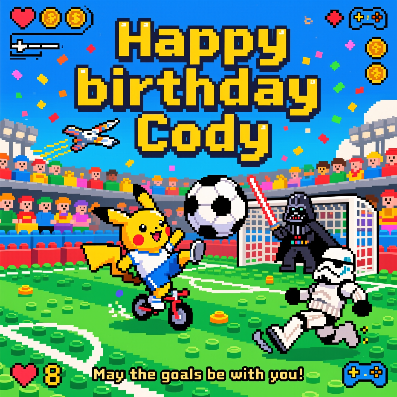 At the top of the Pixel Art Style image, "Happy birthday Cody" in big blocky 8-bit font, bright yellow with a thin dark outline.

Crisp 8-bit pixel art scene with a vibrant, limited palette and chunky square pixels: a lively soccer match on a bright green LEGO-brick pitch (visible studs), surrounded by colorful blocky LEGO stands packed with pixel spectators. Center action: Pikachu in a tiny pixel soccer kit performs an over-the-top bicycle kick, launching a giant Poké Ball-styled soccer ball toward a LEGO goal. In the goal, Darth Vader (pixel cape flapping) slips on a loose LEGO stud while trying to Force-stop the shot, lightsaber tumbling comically. A clumsy stormtrooper defender skids past, legs akimbo. Overhead, a tiny pixel X-wing zooms by trailing confetti, while a retro gaming HUD frames the corners with hearts, coins, and controller icons (no extra text). Bold outlines, punchy colors, clear silhouettes, and exaggerated cartoon expressions for maximum humor. Keep the pixels crisp (no anti-aliasing), nostalgic video-game charm throughout.

At the bottom in a small cheeky 8-bit caption, "May the goals be with you!"
Generated with these themes: Soccer, Pokemon, Gaming, Sports , Star wars, Lego, and .
Made with ❤️ by AI.