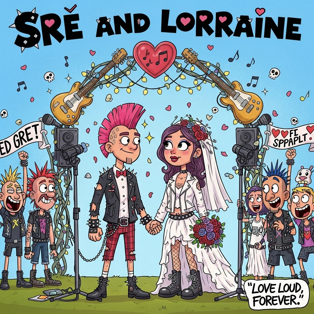 At the top of the Cartoon Style image, in bold, playful punk lettering with little heart-shaped studs, write: **Sre and Lorraine**  

Create a romantic wedding scene in a vibrant, playful cartoon style where the bride and groom are full-on punk rock sweethearts. The groom wears a ripped tuxedo jacket with studded lapels, skinny tartan trousers, and bright pink mohawk, while the bride rocks a white leather jacket over a frilly dress, combat boots under her gown, and a veil adorned with safety pins and roses. They are standing under an arch made of guitars, microphone stands, and fairy lights, with heart-shaped speakers blasting music notes into the air. Their hands are clasped, eyes sparkling, as confetti made of tiny skulls and hearts rains down. Around them, quirky cartoon wedding guests in punk attire cheer, some holding banners with silly romantic slogans. Bright, saturated colors, chunky outlines, and exaggerated expressions make the scene pop with energy. In the bottom corner, in cheeky graffiti-style text, add: **"Love Loud, Forever"**.
Generated with these themes: Punk rock, and .
Made with ❤️ by AI.