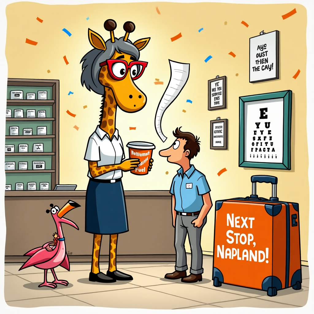 Favourite colour orange, Favourite animal giraffe , Optical assistant , Uniform light navy blue blouse, dark navy skirt, Wears dark red glasses, has grey short bob cut hair, Boots opticians , Has a giraffe travel cup, and Retiring Farewell Card