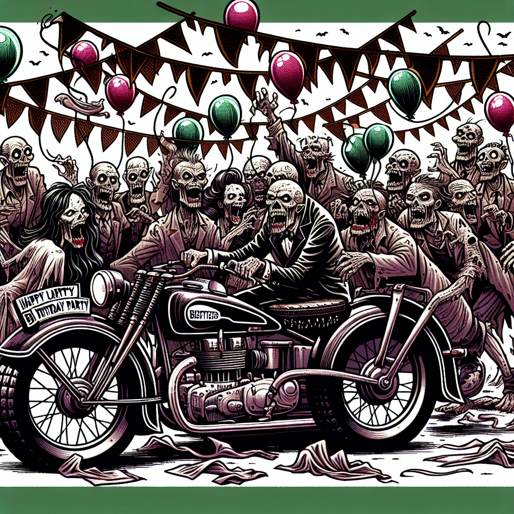 Bring to life a comic illustration of an unusual birthday party, hosted by a crowd of spirited zombies and refined vampires. Empty strips of cloth cheerfully ripple in the breeze, fluttering above a stylish motorbike that's enriched with decorative festoons and air-filled orbs. The lively undead participants revel in each other's company, with a few audaciously trying to maintain their equilibrium on the motorbike. A portion of the party-goers are consumed by merry fits of laughter, animatedly partaking in a hilarious game of attaching the tail to an illustration of a werewolf.
Generated with these themes: Zombies, Motorbike , and Vampires .
Made with ❤️ by AI.