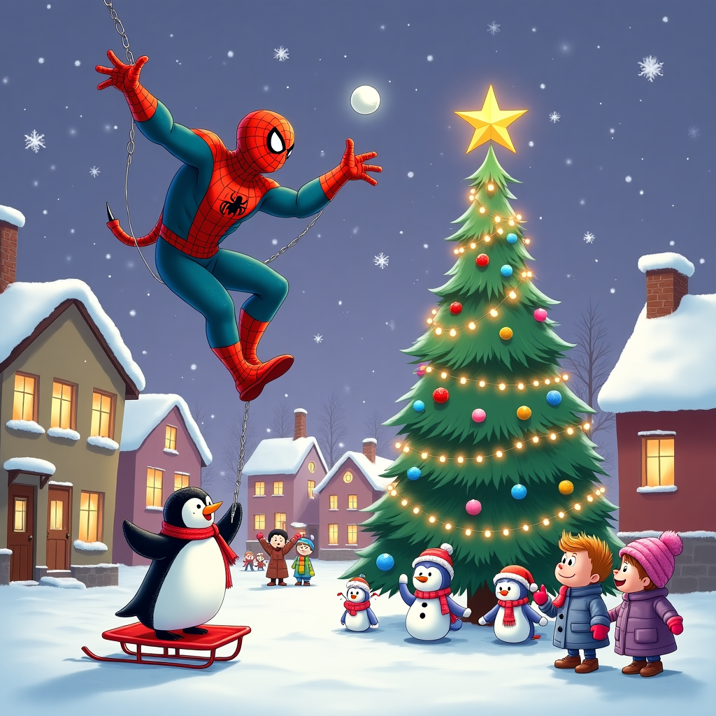 Spiderman , and Penguin Christmas Card