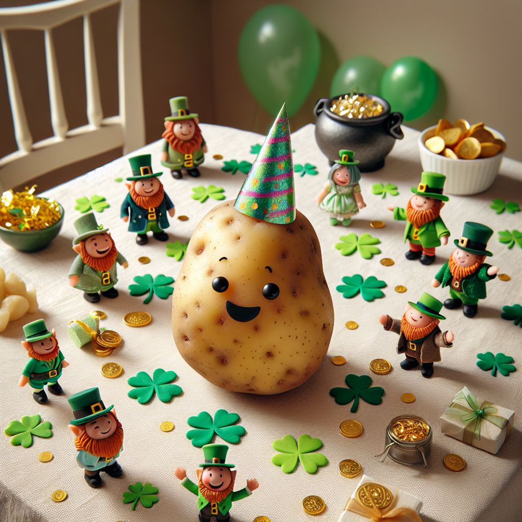 Envision a playful yet realistic birthday celebration setting. The focus of the scene is an enchanting potato character distinguished by a festive party hat. Surrounding it are tiny leprechauns of various genders and descents, depicted in the act of laughing and engaging with other party guests. Vibrant green shamrocks are dispersed on an off-white linen tablecloth, imbuing the scene with a delightful contrast. There's also a small pot of gold in the corner serving a clever dual purpose - a repository for birthday wishes and gifts, contributing to the enchanting mix of folklore and birthday festivity present in the scene.
Generated with these themes: Potato, Leprechaun, Shamrock, and Pot of gold.
Made with ❤️ by AI.