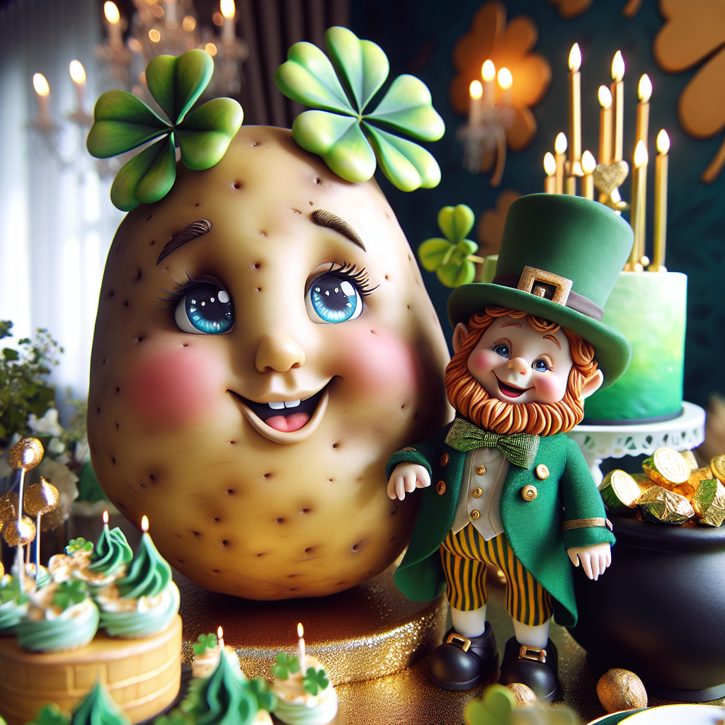 Imagine an intimate birthday celebration set in a cozy atmosphere that nods to the world of fairy tales. A delightfully charming potato, rendered with all the nuanced detail of a real one—gleaming eyes and a welcoming smile—is the centerpiece. Keeping it company is an amiable leprechaun, poised confidently with a birthday cake in his hands. Realistically depicted shamrocks serve as elegant table markers, their green hue providing a splash of color. The dessert table is dominated by a pot of gold, its brim overflowing with sweets wrapped in gold foil. The birthday theme weaves together the enchantment of Irish folklore with the jubilant spirit of the occasion, setting the scene for a distinctive and whimsical gathering.
Generated with these themes: Potato, Leprechaun, Shamrock, and Pot of gold.
Made with ❤️ by AI.
