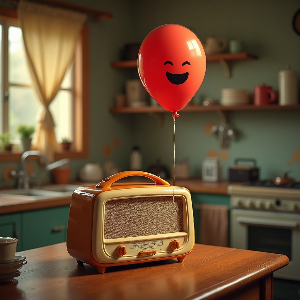 **Prompt for Image Creation:**

Imagine a perfectly photorealistic scene set in a retro kitchen, lit by the warm, soft glow of a vintage bakelite lamp. The scene features a gleaming bakelite radio sitting on a polished, timeworn wooden table, surrounded by an assortment of quirky, mismatched, yet charming vintage kitchenware. The radio, in its radiant caramel and cream hues, stands proudly as if it's ready to broadcast its next big announcement. 

Capture the moment as a cheery red balloon, with a smiley face drawn on it, playfully floats above the radio, tethered to it by a delicate ribbon. The balloon appears to be listening intently, creating an amusing contrast between the whimsical balloon and the classic bakelite elegance. 

Include a witty caption at the bottom right corner of the image, "Tuning into Success! Congratulations!", in a playful, vintage-style font. 

This scene should be captured in ultra-high-definition, showcasing the nostalgic textures of the bakelite and the delightful contrast between the vintage atmosphere and the modern sense of humor.
Generated with these themes: Bakelite, and .
Made with ❤️ by AI.