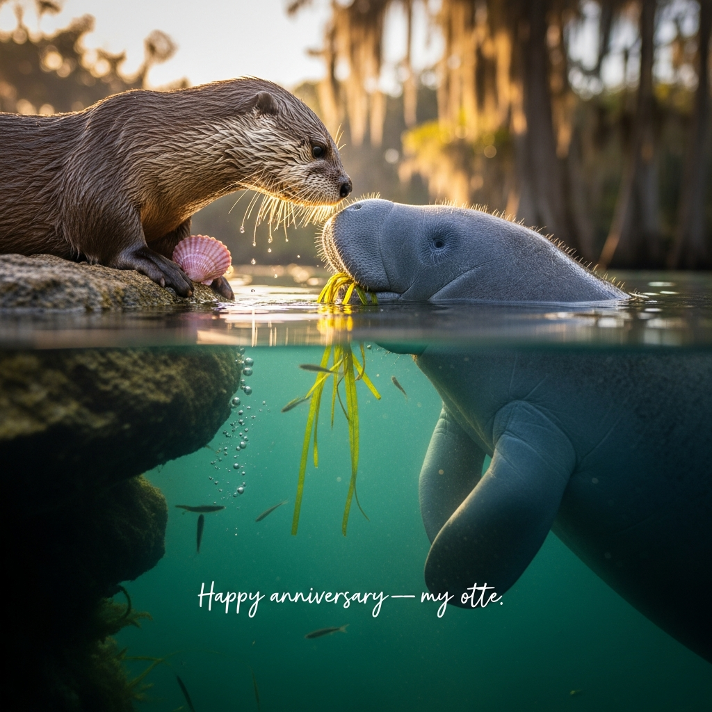 Photorealistic over-under split-shot at golden hour in a crystal-clear Florida spring: a river otter perched on a sun-warmed limestone rock leans to gently nose-boop a curious manatee rising at the waterline. Above the surface: warm, honeyed rim light on the otter’s damp fur, tiny water droplets on whiskers, cypress trees and soft Spanish moss in the blurred background. Below the surface: the manatee’s velvety gray body and paddle tail in emerald-aqua water, delicate light caustics dancing on its skin, a few tiny fish glinting. The otter holds a small pink shell in its forepaws; the manatee mouths a ribbon of eelgrass like a shy gift. Tender, cute, true-to-life textures, rich depth of field, natural color palette of aquas, sage greens, and warm gold. Compose with the waterline as a gentle diagonal; subjects framed on the rule of thirds with negative space near the lower center for a subtle caption. Ultra-high-definition 4K realism, lifelike textures, no stylization.

Camera and lens: full-frame, 24mm lens behind a dome port, f/4, 1/1000s, ISO 200, single-point AF locked on the otter’s and manatee’s eyes, shallow-to-moderate depth of field with creamy background bokeh. Natural backlight plus soft sky fill; no flash. Crisp micro-contrast; clean, glassy water surface.

On-image text (small, hand-lettered white script, subtle drop shadow, bottom-center over calm water): “Happy anniversary—my otter half, here’s to manatee more years!”

Negative cues: no cartoon elements, no CGI, no exaggerated expressions, no props that look human-made (no hats, rings, balloons), no heart-shaped bubbles, no additional text or watermarks, no humans, no oversaturation, no noise.
Generated with these themes: Otter, Manatee, and .
Made with ❤️ by AI.