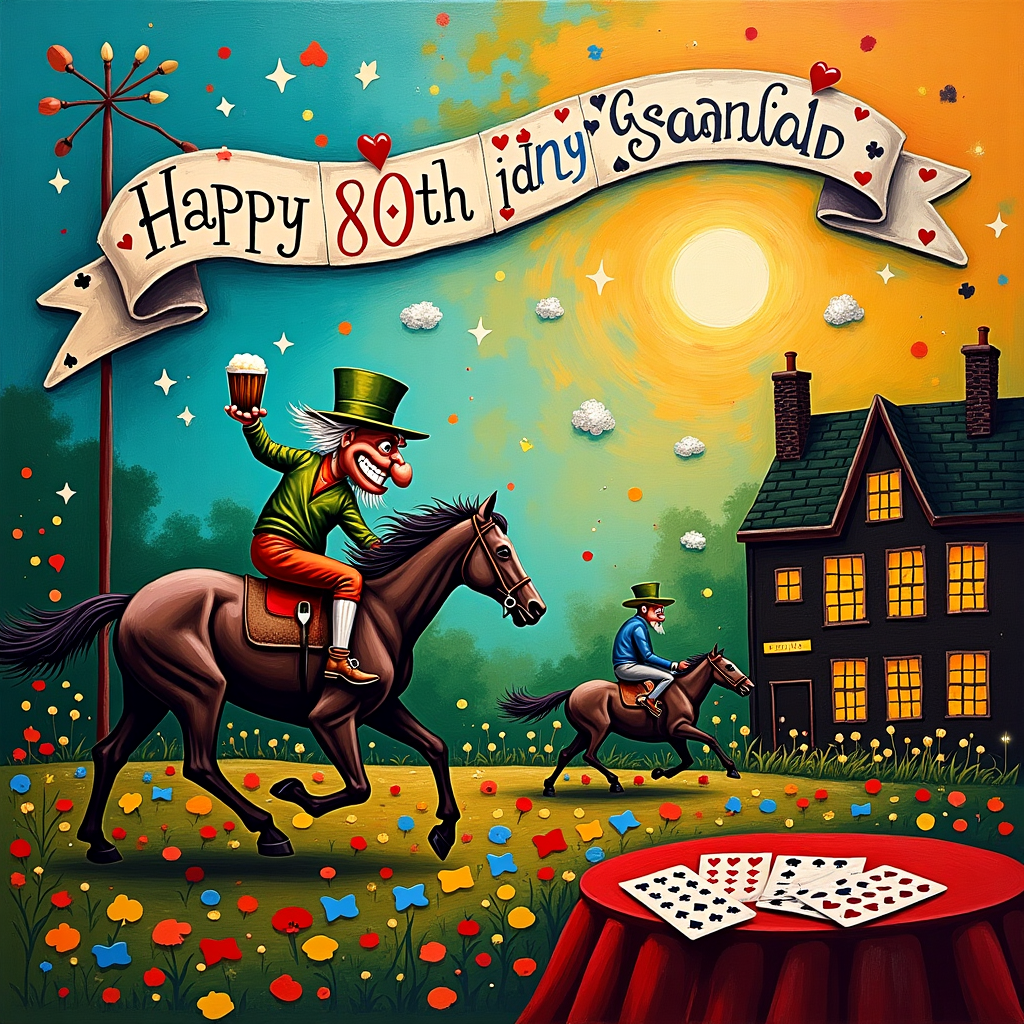 In the whimsical and vibrant world of this abstract birthday scene, we find ourselves at the colorful crossroads of an 80th birthday celebration, infused with a delightful mix of horse racing, Irish charm, a cozy pub atmosphere, and a game of dominos and cards. The background is a wild tapestry of Kandinsky-inspired shapes and Mondrian-esque lines, bursting with Pollock-style splatters in shades of emerald green, gold, and rich brown, reminiscent of the Irish landscape.

At the forefront, an abstract horse race is depicted. The horses, rendered in Rothko-like color blocks of deep blue and crimson, seem to gallop across a racetrack made of intertwined card suits - hearts, spades, diamonds, and clubs - spiraling around like a vibrant De Kooning swirl. 

A jovial, Picasso-inspired leprechaun with a mischievous smile is perched atop one of the horses, clutching a pint of foamy Guinness, symbolizing the Irish pub atmosphere. His hat, tipped at a jaunty angle, features a tiny domino design, with white and black dots scattered like stars against a night sky.

Suspended above the racing scene, a banner unfurls across the sky. It's crafted from a line of large dominos, each painted with bold, colorful letters spelling "Happy 80th Birthday Grandad!" The dominos form an arch, as if a rainbow of words, beneath a sky that Miro would adore, filled with playful celestial symbols and floating clouds, each outlined with Richter’s textured brilliance.

In the background, the silhouette of a quaint Irish pub is hinted at, its windows aglow with warmth, subtly implied by Malevich-inspired geometric forms, and the twinkling of fairy lights in Cy Twombly’s looping calligraphic lines. A table in front of the pub displays a deck of cards laid out in a winning poker hand, the edges of the cards painted in Martin's subtle, grid-like fashion.

This scene is a kaleidoscope of creativity and celebration, ensuring Grandad's milestone birthday is captured with a vivid splash of whimsy and heartfelt joy.
Generated with these themes:  horse racing, 80th Birthday, irish, pub, dominos, cards.
Made with ❤️ by AI.