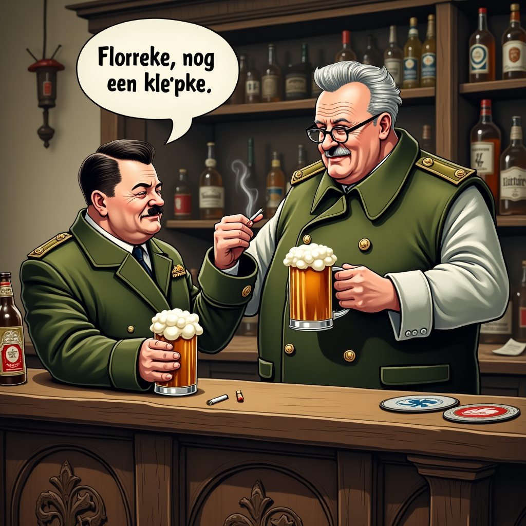 In a whimsical tavern called "Graaf van Egmont," the scene unfolds with a touch of surreal humor and historical irony. The central figure is a young man with an unmistakable hairstyle reminiscent of Adolf Hitler, but his attire is an unexpected fusion, as he is clothed in the distinct military garb of Kim Jong-Un, complete with a thick, slightly oversized olive-green coat buttoned to the top, yet the buttons seem strained over his corpulent frame. His presence is a curious blend of historical references and modern-day satire.

The young man stands, though slouched as if caught between worlds of waking and dreaming, at an old-fashioned wooden bar with an intricately carved front that features scenes of knights and mythical creatures, a nod to the pub's historical name. The bar's surface is polished but cluttered with a mishmash of items – half-empty beer bottles, ashtrays with cigarette butts, and a few coasters adorned with local tavern insignias.

In his right hand, he loosely holds a cigarette, its ash precariously long, while his left hand clutches a large stein of beer, the frothy head just starting to spill over the edge. His eyes are closed as if in a deep, contemplative slumber, yet a comical text balloon hovers above him, declaring in playful, bold lettering, "Florreke, nog een klepke."

To his left, perched behind the bar, is Florreke – an elderly man whose image could be straight out of a Beatrix Potter tale if it weren't for the setting. His round glasses sit low on his nose, accentuating his sparse, wispy gray hair that leaves the top of his head mostly bald. He's wearing a simple white shirt with sleeves rolled up, showcasing forearms that hint at years of hard work. Florreke stands with a kind but bemused expression, caught mid-motion as he reaches for another beer mug, ready to fulfill the sleepy request.

The tavern itself is cozy and inviting, with wooden beams overhead and walls lined with vintage posters and memorabilia that speak to a rich, albeit quirky history. The floor is a patchwork of worn tiles, and small round tables with mismatched chairs scatter across the space, each table adorned with flickering candles in old-fashioned holders. A chalkboard near the entrance advertises "Today's Special: Eel in the Style of Egmont" with a drawing of a smiling eel wearing a top hat.

The illustration, inspired by the detailed storytelling of Norman Rockwell and the fanciful elements of Maurice Sendak, combines the absurdity and charm of a scene that invites both laughter and reflection.
Generated with these themes: A young man with a hair dress as Adolf Hitler as central figure. He is clothed as Kim Jong-Un of North Korea and is a little corupulent., He is standing alone and is smoking a cigarette and drinks a beer., He is sleeping at the bar called "Graaf van Egmont". , He says "Florreke, nog een klepke" in a text balloon., and Florreke is and old man wearing glasses and a little bit bold and he is gray..
Made with ❤️ by AI.