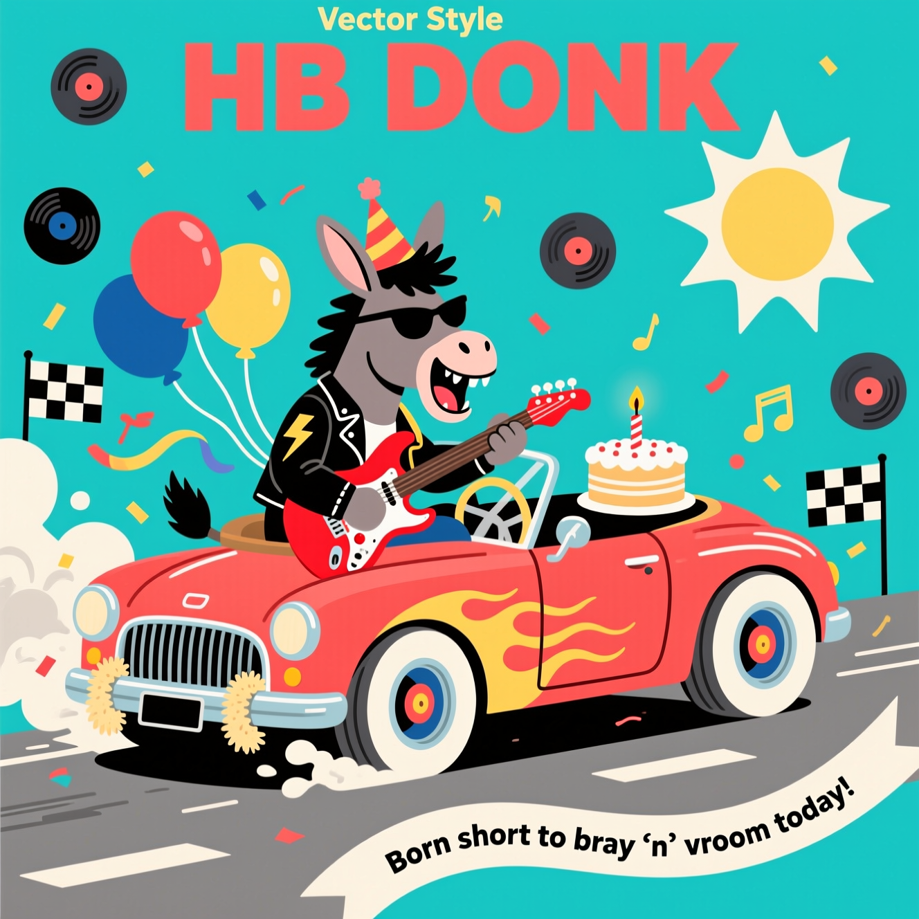 At the top of the Vector Style image, HB DONK

Clean flat-vector art with crisp lines and solid color blocks, minimal gradients. Funny rock ’n’ roll birthday scene: a cheeky donkey with a slick pompadour, black shades, and a tiny tilted party hat, leather jacket with lightning-bolt patches, braying a laugh while driving a retro hot-rod convertible (low, shiny, whitewall tires, flame decals, chrome bumper, fuzzy dice). The donkey has a cherry-red electric guitar strapped across his back; the car power-slides in a dynamic 3/4 view toward the viewer, kicking up tire smoke that curls into musical notes and starbursts. Balloons and streamers trail from the antenna; a mini birthday cake with one lit candle rides shotgun. Background: bold turquoise field with a cream sunburst, scattered vinyl record icons, checkered-flag accents, and confetti. Add playful motion lines and sparkly highlights, preserving lots of clean negative space. Color palette: coral red, teal, banana yellow, midnight blue, charcoal, white. Flat shadows only, no heavy gradients.

Add one small text element near the bottom on a curved ribbon, single short line: Born to bray ’n’ vroom today!
Generated with these themes: Donkey, Birthday, Celebrations, Cars, Rock n Roll, and .
Made with ❤️ by AI.