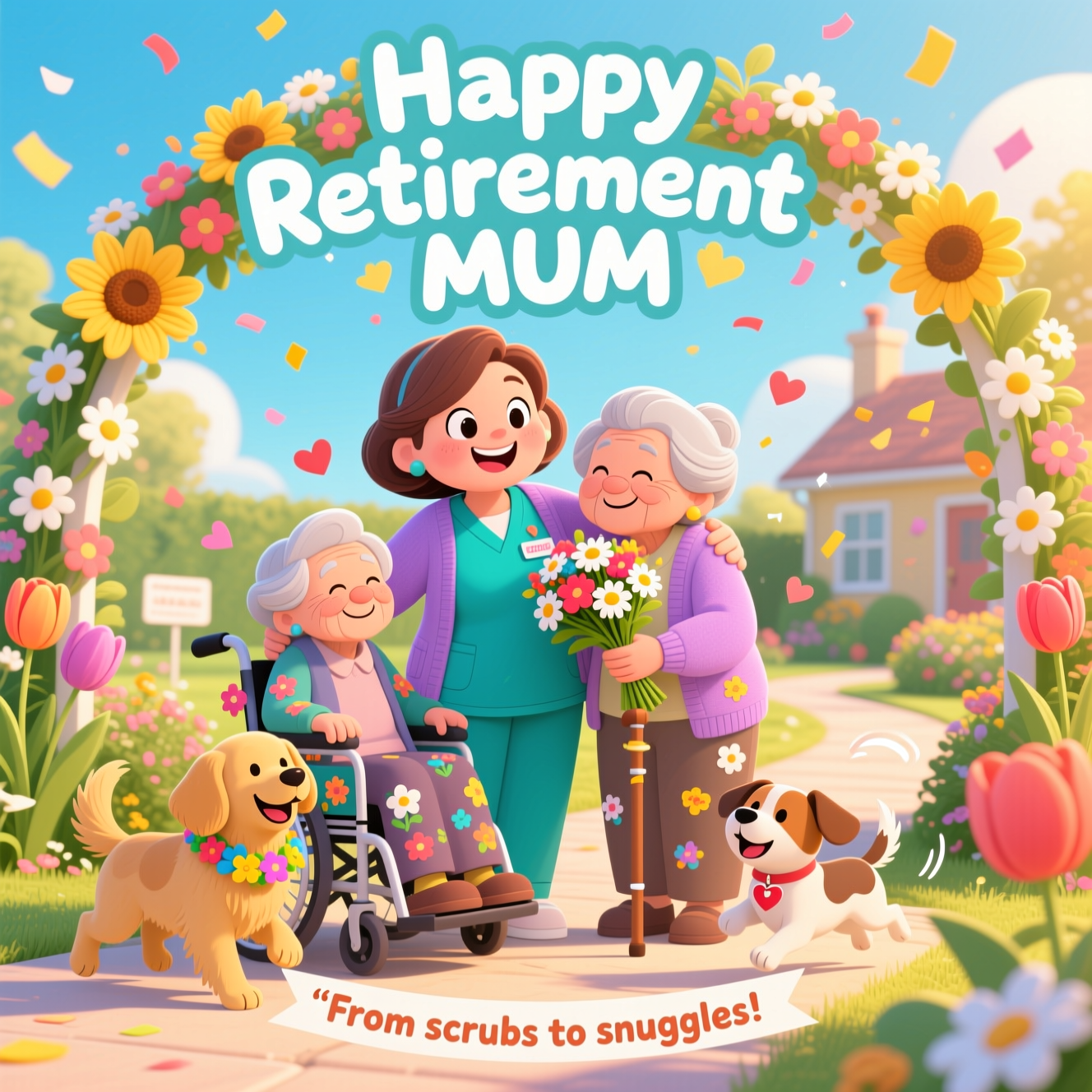 At the top of the Cartoon Style image, the text "Happy Retirement MUM" in big friendly hand-lettered bubble letters with a thick white outline and soft shadow, nestled among bright blossoms.

Portrait, full-bleed, sincere and joyful. Center scene: a warm, smiling care worker mum in teal scrubs and a soft lilac cardigan, exaggerated cute proportions (big expressive eyes, rounded features), gently hugging two delighted elderly residents—one in a flower-decorated wheelchair, another standing with a cane covered in tiny floral stickers—while a third senior hands her a vibrant bouquet. Two playful therapy dogs (a golden retriever with a flower garland and a small terrier with a heart-shaped tag) bounce around her feet, tails wagging with motion lines, one offering a bunch of daisies in its mouth. Lush garden setting with an arch of sunflowers, tulips, and daisies framing the top, petals and confetti-like blossoms drifting through warm golden sunlight. Soft, sincere smiles, gentle sparkles and little hearts around the embraces. Hint of a welcoming care home garden path in the background (no signage). Thick, clean outlines, bright saturated colors (teal, coral, sunshine yellow, sky blue), bold cel shading, whimsical energetic poses, but a heartfelt, thankful mood.

At the bottom, a small curved ribbon with a single short caption: “From scrubs to snuggles!” (no other text).
Generated with these themes: Care worker, Dogs, Old people, Flowers, and .
Made with ❤️ by AI.