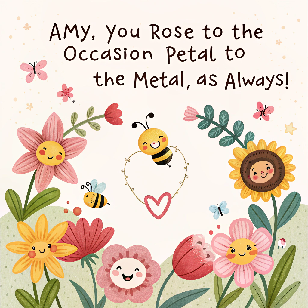 At the top of the image, "Amy, you rose to the occasion — petal to the metal, as always!"

– In the center of the image, illustrate a cheerful, hand-drawn-style circular wreath made entirely of cute, smiley-faced flowers (think daisies, tulips, sunflowers, and peonies), their petals subtly forming heart shapes. Each flower has a playful expression — winking, grinning, even one sticking out a tiny cartoon tongue.

– Around the wreath, small butterflies and bees (also with cute, happy faces) flutter playfully, holding tiny ribbons or sprinkling sparkles.

– The color palette is soft pastels: gentle pinks, yellows, purples, and sky blues — perfect for Mother’s Day sweetness.  

– Leave the center of the flower circle blank to allow space for personal text.
Generated with these themes: A pretty flower circle.
Made with ❤️ by AI.