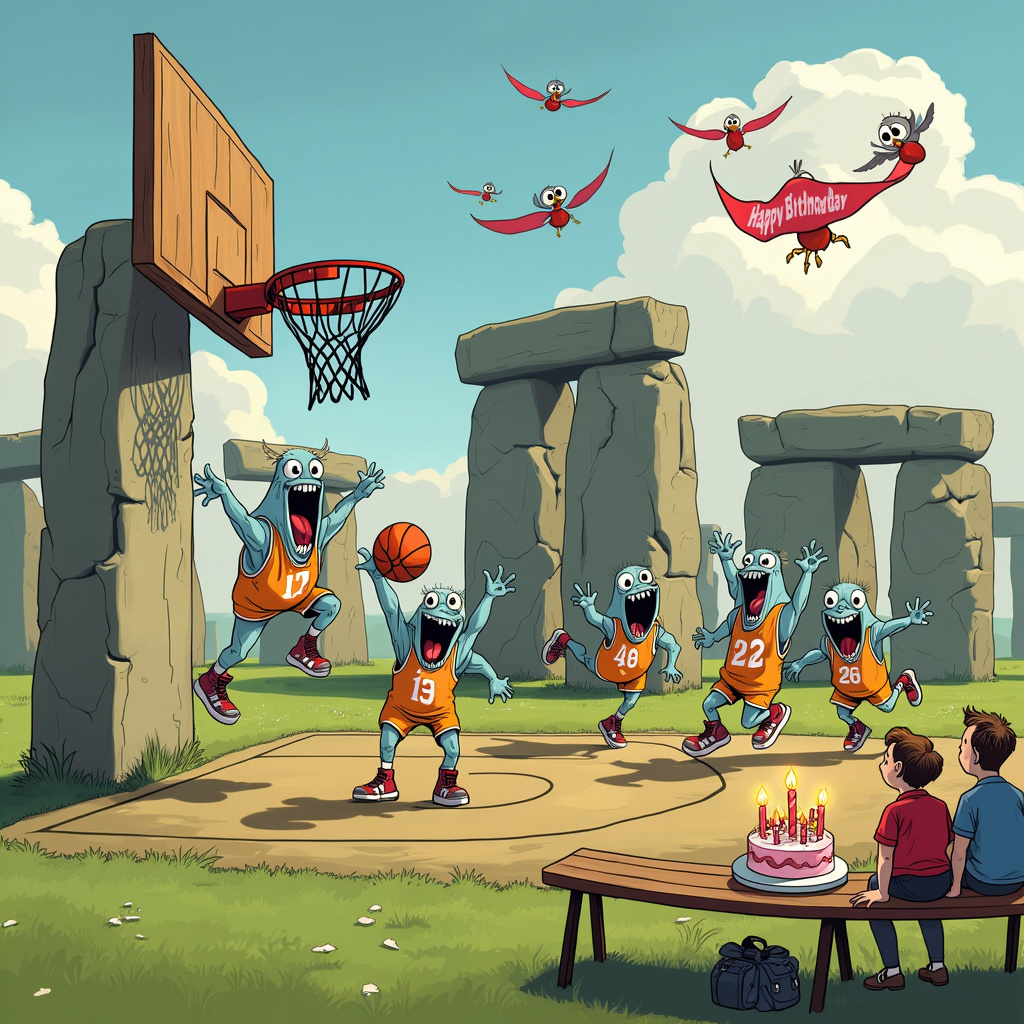 Imagine a sunny day at Stonehenge, with the ancient stones looming tall and proud in the background, casting long shadows over the green, grassy plain. This historic site has been humorously transformed into a whimsical basketball court. The central stone circle has a wooden basketball hoop affixed to one of the tallest stones, with the backboard humorously shaped like a giant donut, giving a quirky twist to the scene.

In the foreground, a crowd of jubilant, cartoon-style axolotls are gathered, each one sporting brightly colored basketball jerseys with numbers and cute, oversized sneakers. They’re in the middle of an intense, friendly game of basketball. One axolotl, with a determined expression and a sweatband around its head, is mid-air, performing an epic slam dunk. The other axolotls, with their gills flapping and wide grins on their faces, are either cheering on the sidelines or involved in the action, with one attempting to block the dunk with an exaggeratedly comical leap.

To the side, a stone bench has been cleverly converted into a spectator area. There, a group of human tourists, drawn in a style reminiscent of Hergé’s "Tintin" characters, sit with their mouths agape, clearly baffled yet amused by the scene before them. One of them holds a birthday cake with candles lit, ready to celebrate.

In the sky above, cartoon birds with oversized eyes, drawn in a style inspired by Charles Schulz’s "Peanuts," fly with banners that read “Happy Birthday!” The scene is filled with dynamic motion and playful elements, capturing the fun and quirky nature of this unexpected mashup of Stonehenge, basketball, and adorable axolotls.
Generated with these themes: Stonehenge Basketball Axolotl .
Made with ❤️ by AI.