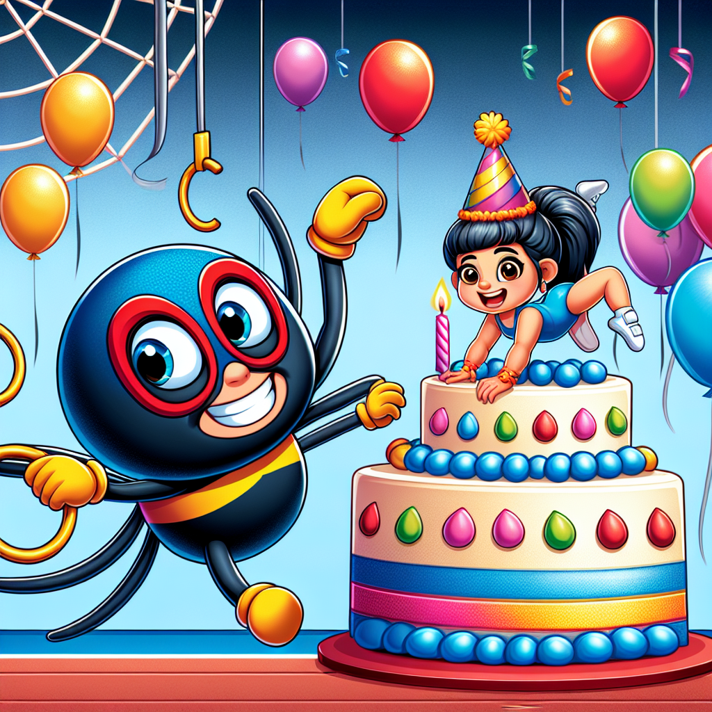 Create an image with a delightful cartoon theme revolving around a birthday festivity. In the middle of the scene, there's a friendly, cartoon-like superhero, with a design inspired by a spider, wearing a festive birthday hat and playfully hanging from a web amid vibrant balloons. Introducing the theme of gymnastics, a charming cartoon character of South Asian descent is executing an enthusiastic floor routine beside a birthday cake. The cake is adorned with gymnastic rings and bright frosting that ties in with the lively color scheme of the party.
Generated with these themes: Spider-man, and Gymnastics.
Made with ❤️ by AI.