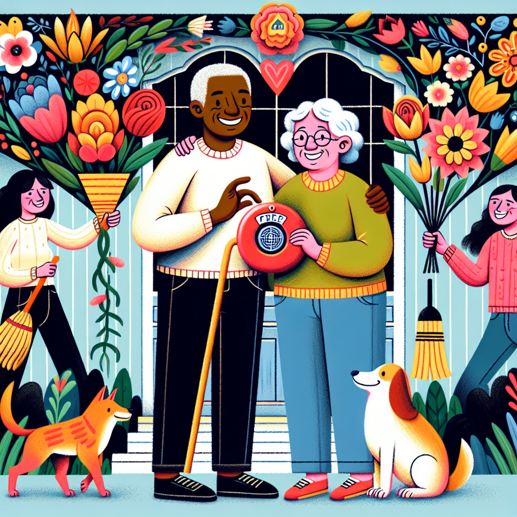 Create a whimsical illustration to celebrate the 45th Wedding Anniversary of a joyous couple. They are Black and South Asian descent, respectively, surrounded by a profusion of vibrant flowers, representative of their thriving relationship. They stand together outside their cozy home with a quirky fire alarm integrated into the scene, symbolizing their strong, alert bond. Portray their three adult children, where a Hispanic woman holds a broom, a Middle-Eastern male grasps a mop, and a Caucasian female carries a feather duster, demonstrating collective family teamwork. Also, depict their two playful dogs energetically running around, adding liveliness to this loving illustration.
Generated with these themes: 45th Wedding Anniversary , Flowers, Fire alarm, Cleaning, Dogs, and 3 children.
Made with ❤️ by AI.