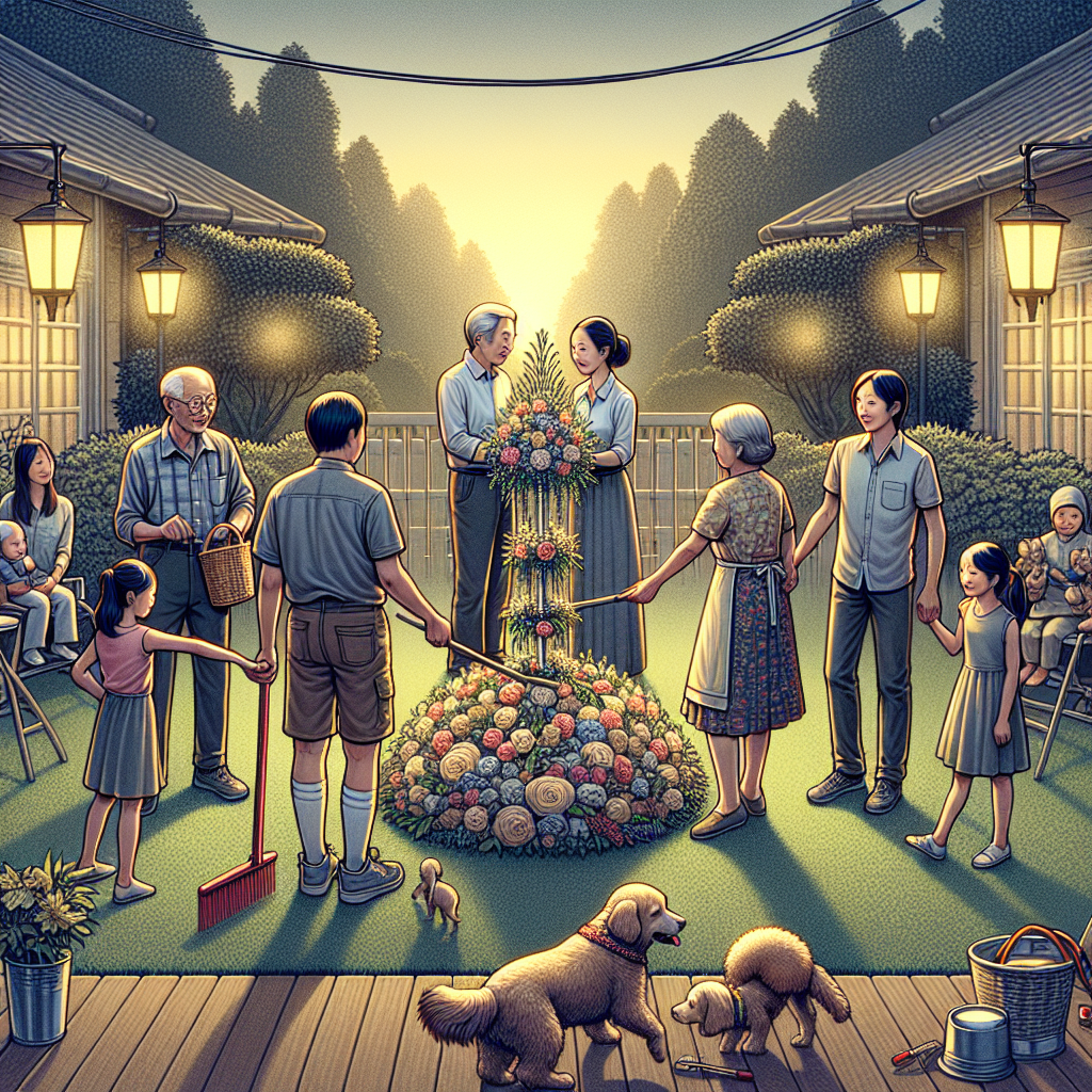 Generate an illustration for a 45th wedding anniversary that features a touching gathering of a diverse family in a peaceful backyard. At the center of the scene should be a sophisticated floral display symbolizing the importance of the occasion. Include a slight fire alarm element in the background to represent vigilance and safety. The family, composed of the couple's three children of various descents and genders, each holding a household tool, interact warmly, suggesting a family bond centered on shared duties. Integrate two loving dogs maneuvering among the family members' legs, bringing forth an ambiance of liveliness and enduring friendship within the family array.
Generated with these themes: 45th Wedding Anniversary , Flowers, Fire alarm, Cleaning, Dogs, and 3 children.
Made with ❤️ by AI.