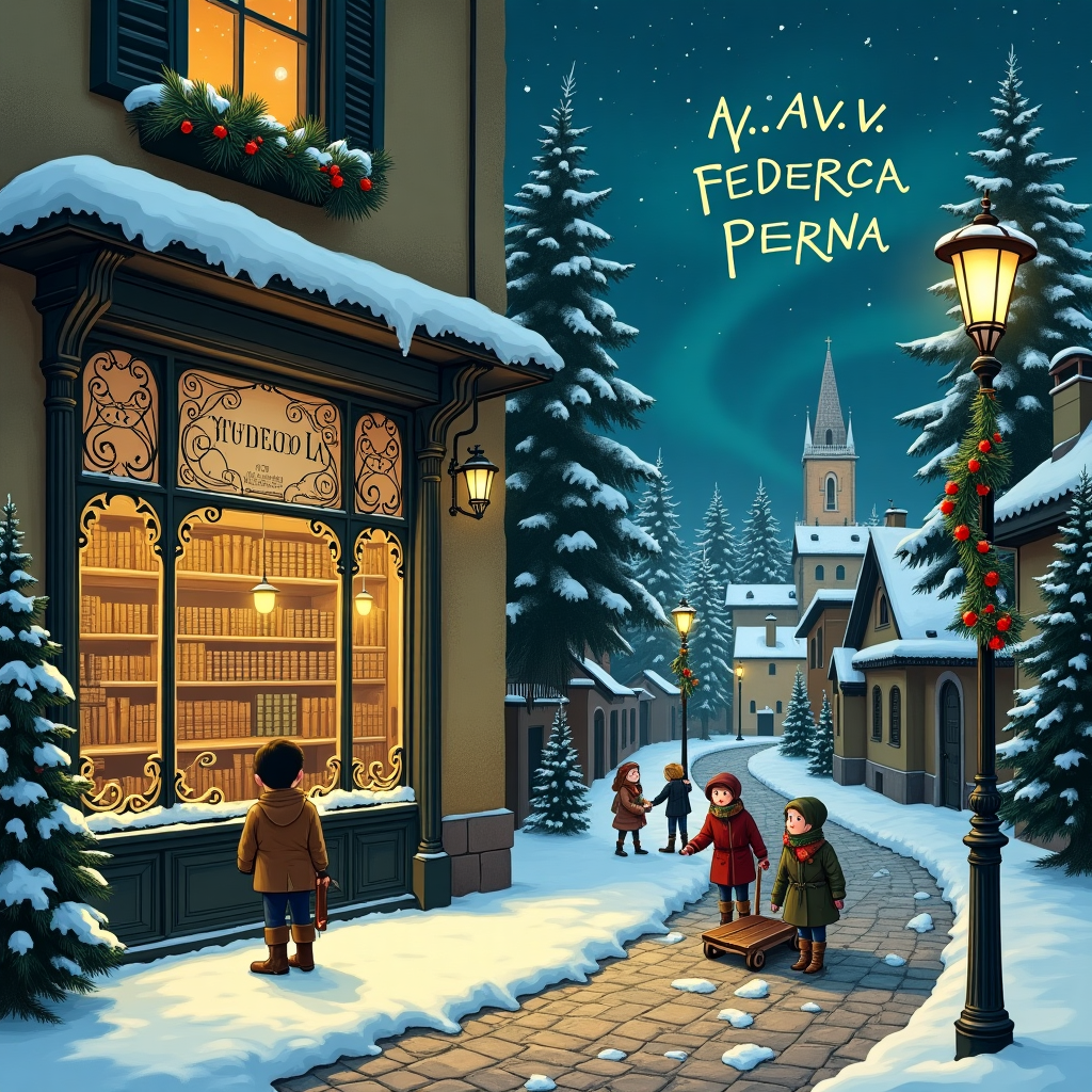 In this solemn, Christmas-themed scene for a greeting card, imagine a picturesque, snow-covered Italian village on a quiet, wintry night. The focal point is a cozy, warmly-lit legal studio, STUDIO LEGALE, its name elegantly painted on the frosted glass window in gold script reminiscent of Beardsley's intricate linework. The building is an inviting blend of old-world charm with wrought-iron details on the window frames, a nod to Edward Gorey's flair for whimsical architecture. Through the window, you can see shelves lined with leather-bound books and a small, decorated Christmas tree, its lights softly illuminating the room.

In the foreground, a narrow cobblestone street curves past the studio, dusted with fresh snow that glistens under the subtle glow of antique street lamps. Along the street, children bundled in winter coats and scarves, reminiscent of Sendak’s charming characters, playfully pull a wooden sled past the studio. A small group of carolers, dressed in Victorian attire inspired by Rackham, stands nearby, singing under the mistletoe-covered lamp post.

High above, the name "AVV. FEDERICA PERNA" is artistically crafted in the night sky, formed by twinkling stars and the faint aurora borealis, adding a magical touch to the serene scene. The background is adorned with majestic, snow-laden pine trees, their branches gracefully arching over the rooftops, reminiscent of Wyeth's sweeping landscapes. In the distance, the faint silhouette of the village church, with its tall spire pointing towards the heavens, completes the tranquil holiday tableau.
Generated with these themes: STUDIO LEGALE.
Made with ❤️ by AI.