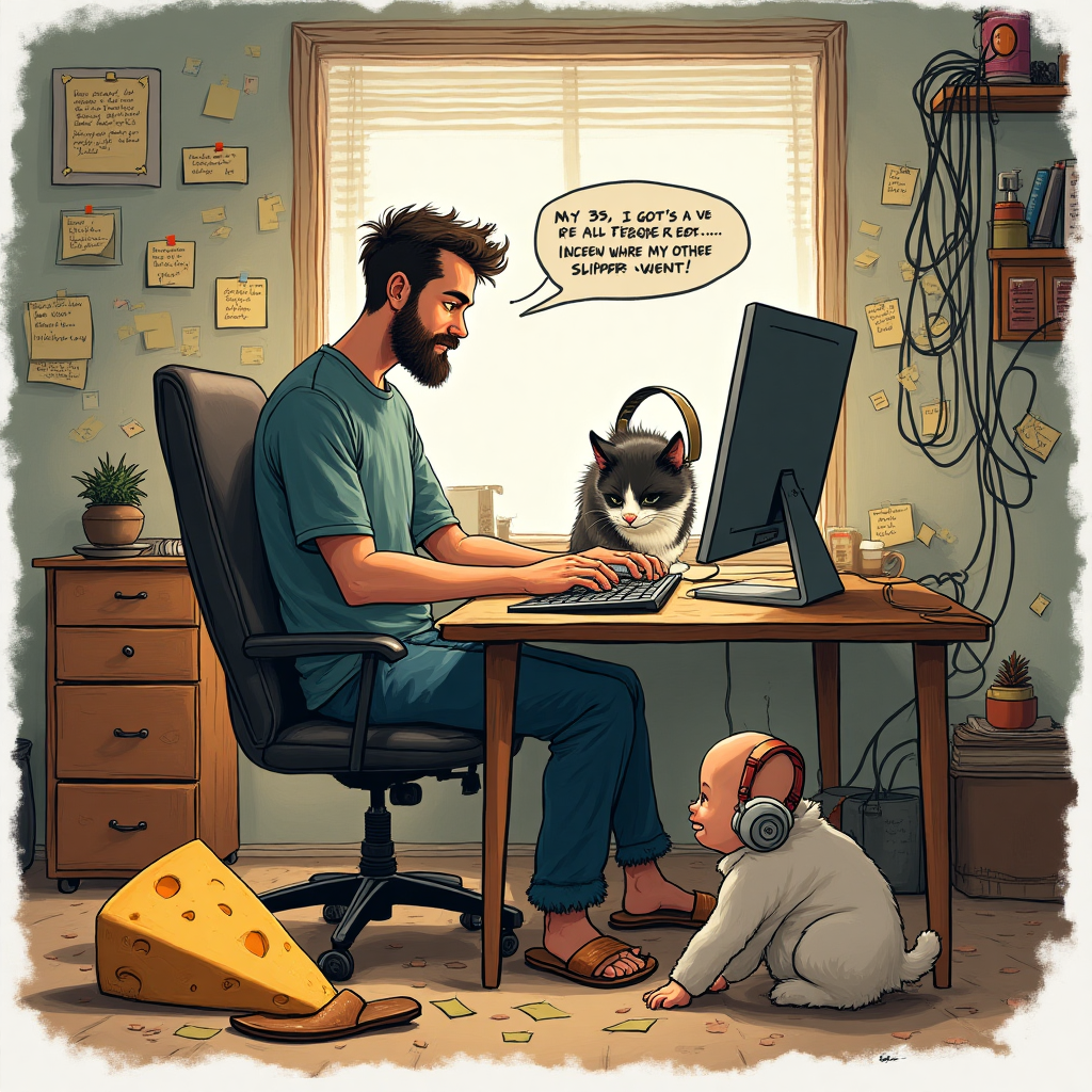 At the top of the Illustration Style image, the text: "TOM".

---

**Image Description:**

In a cozy, cluttered room, a 35-year-old man with stubble sits at a desk, intensely focused on his computer screen, coding away. A black and white cat lounges on his lap, pawing at the keyboard occasionally. Beside him, a baby wearing oversized headphones bops along to some dubstep music playing in the background. On the floor next to his slippers, a large block of cheese mysteriously balances on one, while the other slipper is being playfully batted around by the cat.

The room is a whirlwind of organized chaos, with wires tangled like a modern art sculpture, and post-it notes plastered on the walls with humorous reminders. Above the scene, a small speech bubble hovers near the man's head, saying, "At 35, I've got it all figured out... except where my other slipper went!"

The entire composition is brought to life with warm, expressive colors and textured brush strokes, adding to the comedic charm of the illustration.
Generated with these themes: 35 year old man with stubble. computer coding, black and white cat, baby, slippers, cheese, dubstep music,, and .
Made with ❤️ by AI.