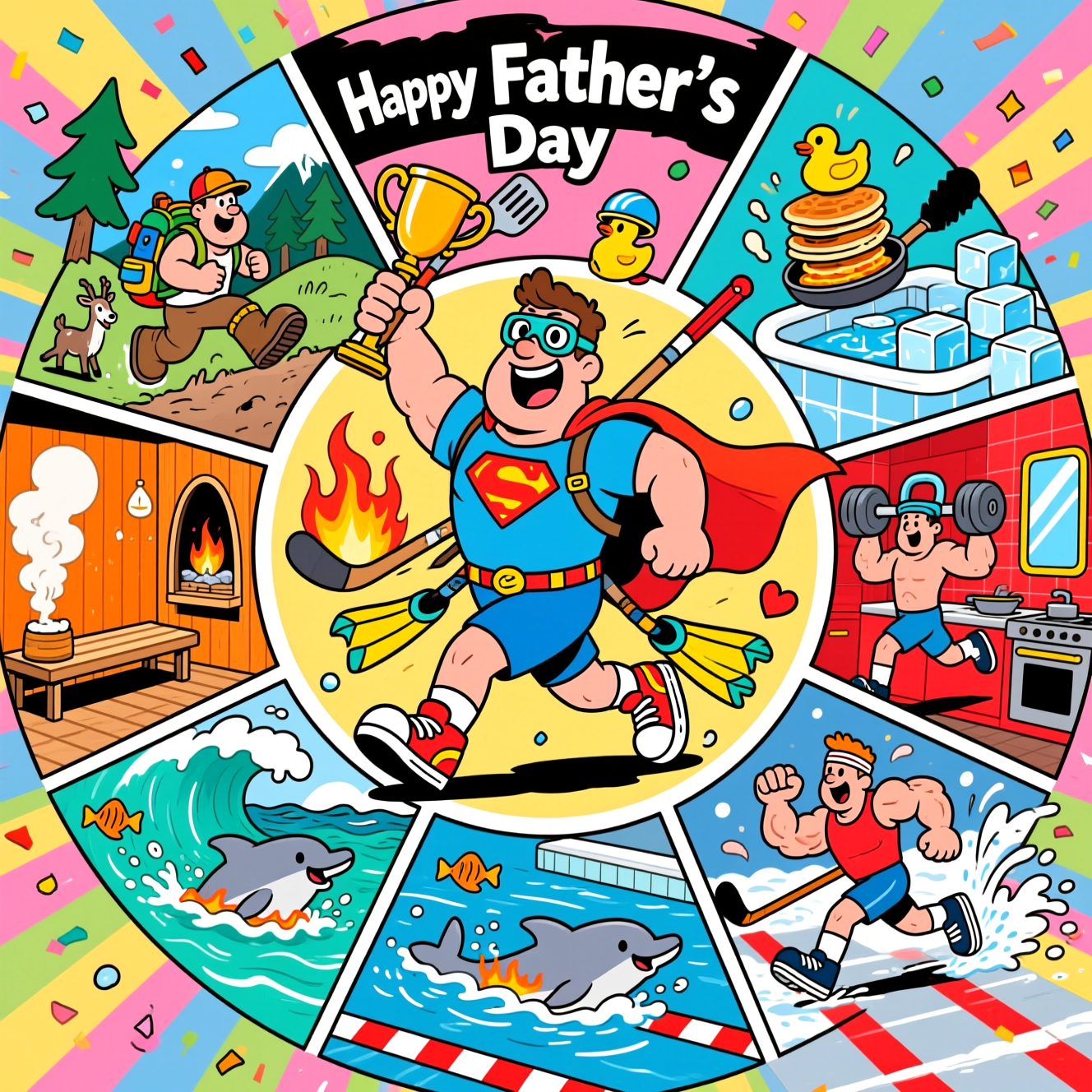 At the top of the Cartoon Style image, Happy Father's Day

Playful cartoon scene with exaggerated proportions, thick outlines, bright saturated colors, and whimsical, energetic poses. A big, funny, hero-dad is center-stage, grinning wide, heroic stance: a spatula raised like a trophy in one hand, a hockey stick slung over his shoulder, running shoes and swim fins dangling from his belt. Around him, eight curved comic panels radiate like a colorful wheel, each bursting with motion lines and over-the-top expressions:
- Hiking: Dad in giant boots thundering up a piney hill, backpack stuffed with goofy gear, a tiny mountain goat jogging beside him.
- Swimming in the ocean: Dad in bright swim cap and goggles cutting through a turquoise wave, cheerful fish and a playful dolphin keeping pace.
- Sauna and ice baths (split panel): Left side warm orange sauna with wooden bench and puffing steam shapes; right side icy blue tub packed with cartoon ice cubes, Dad grimacing and smiling with a rubber duck in a tiny hockey helmet.
- Cooking: In a bold red kitchen, Dad flips a stack of pancakes so high one turns into a flying “puck,” sizzling pan and comic flames under control.
- Exercising – running: Dad sprinting with a headband and flapping laces, big motion swooshes and heart-shaped sweat droplets trailing behind.
- Gym: Dad doing an exaggerated kettlebell swing and comical bicep curl, weights oversized and glossy, neon gym lighting and mirrors for pop.
- Swimming (pool): Dad mid-freestyle in a bright blue lane with white-red lane lines, splashy highlights and bubbles.
- Hockey: Dad on an icy rink, massive gloves, tiny legs in skates, blasting a puck with a whirlwind slapshot, snow-spray arcs sparkling.

Bold, clean composition with thick black outlines, punchy shadows, and a sunny, celebratory vibe; confetti, stars, and little motion dashes tie the vignettes together. Keep all visual humor image-based (no extra words inside the scene beyond the greeting and caption).

At the bottom of the Cartoon Style image, World’s okayest triathlon... times eight.
Generated with these themes: Hiking, Swimming in the ocean, Sauna and icebaths, Cooking, Exercising- running, gym and swimming, Hockey, and .
Made with ❤️ by AI.