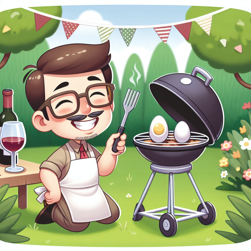 White man, Short dark hair, Brown glasses, Apron, Garden, Cooking with Egg BBQ, and Glass red wine Birthday Card