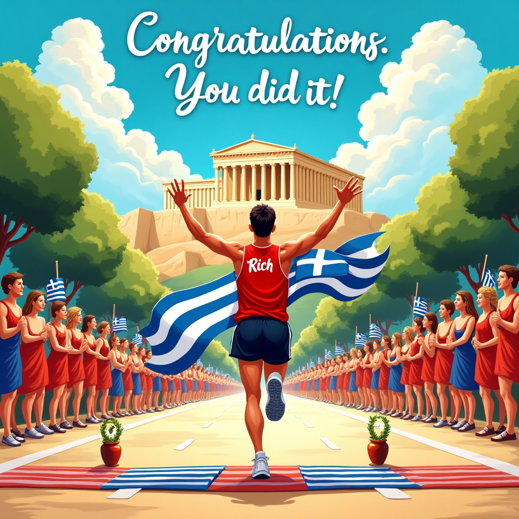 In the foreground of the greeting card, a triumphant runner is depicted with their back facing the viewer, crossing a finish line. The runner, sporting a vivid red vest with "Rich" emblazoned on the back in bold white letters, black shorts, and spotless white trainers, raises their hands in victory. The finish line is a lively explosion of ribbons, some of which feature the pattern of the Greek flag: blue and white stripes with the iconic cross. Behind the runner, a sprawling illustration of Athens unfolds, with the Acropolis majestically perched on its hill, its ancient columns basking in golden sunlight. Above, fluffy clouds dance across a bright blue sky, subtly forming the words "Congratulations. You did it!" in a playful yet regal font reminiscent of ancient Greek inscriptions. The background buzzes with life, depicting animated figures clad in togas, cheering on the runner while waving miniature Greek flags. Olive trees flank the scene, and tiny amphoras spill over with laurel wreaths, symbolizing victory. A playful nod to Norman Rockwell’s attention to detail can be seen in the expressions of the cheering crowd, each face uniquely crafted. The entire illustration exudes a classical yet whimsical charm, drawing from the artistic inspirations of Beardsley and Blake with intricate linework and dynamic storytelling.
Generated with these themes: Athens, acropolis, Greek flag, Back of runner with hands in air crossing finish line wearing red vest, black shorts and white trainers, and Congratulations. You did it!.
Made with ❤️ by AI.