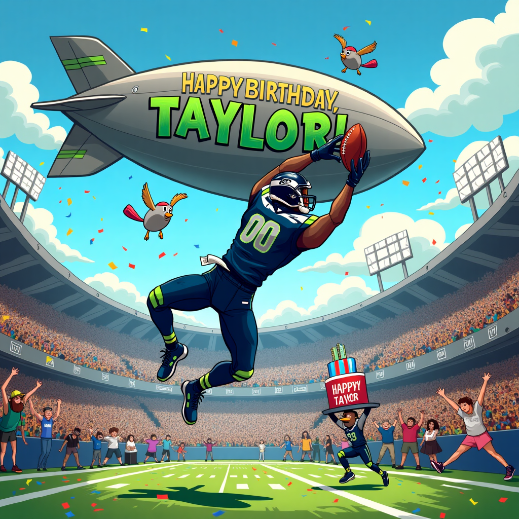 Seattle Seahawks catching winning touchdown Prestegord on Jersey cartoon stadium Happy Birthday blimp flying up high Birthday Card