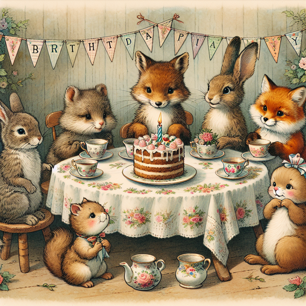 In the style reminiscent of early 1900s children’s books, a charming picture for a birthday celebration portrays a warm animal tea gathering. Several lovable animals of various types, such as a bunny, a squirrel, and a kitten are seated around a table set with a small birthday cake and miniature teacups. The scene is enlivened by muted watercolor tones, with intricate floral designs on the tablecloth and small celebratory flags draped overhead that spell out 'Birthday Joy'.
Generated with these themes: arty style .
Made with ❤️ by AI.
