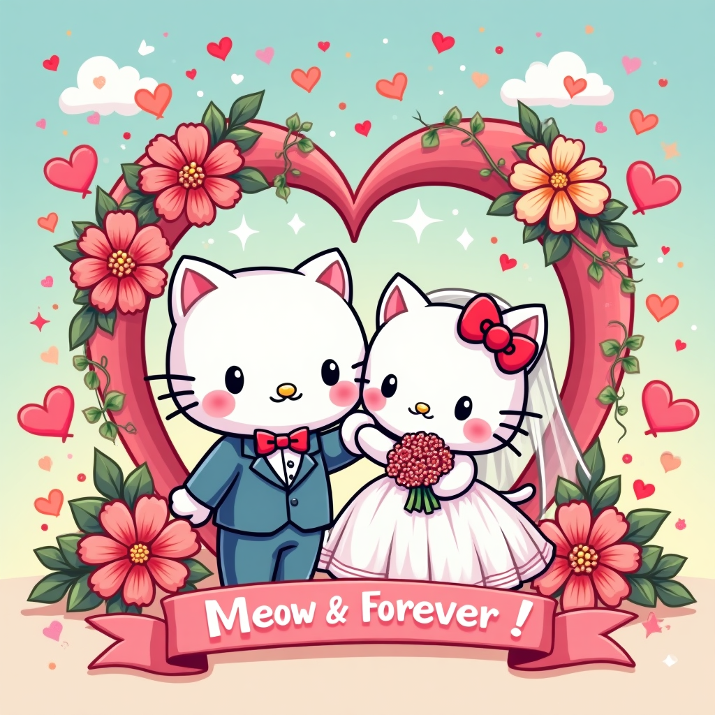 Playful, cute cartoon wedding scene in bright, saturated colors and thick black outlines: Hello Kitty as a blushing bride and her white cartoon cat groom under a giant heart-shaped floral arch, confetti hearts and bows swirling, rainbow balloons and candy-colored daisies, pastel pink-to-sky-blue gradient background, sparkles and star twinkles. Exaggerated chibi proportions (big heads, tiny bodies), whimsical energetic pose—she mid-twirl with bouquet, he reaching out, paws touching. Hello Kitty wears a poofy white dress with a blush-pink ribbon sash, pearl veil, and her signature red bow; the groom wears a pastel blue tux with a bow tie. Clean cel shading, crisp vector-like finish. Include a small curved ribbon banner at the bottom with hand-lettered text: “Meow & Forever!” in bubbly candy-pink letters with a white outline. No other text.
Generated with these themes: Hello kitty, and .
Made with ❤️ by AI.