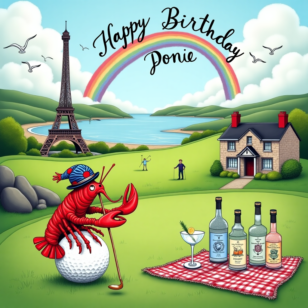 In this whimsical and fantastical birthday card illustration, the scene unfolds across a vibrant landscape that seamlessly blends elements of Scotland, France, Cornwall, golf, lobster, and gin & tonic, all coming together in a single narrative tableau. At the forefront, a rolling green golf course stretches into the distance, dotted with tartan-clad Scotsmen joyously swinging clubs. A mischievous lobster, dressed in a jaunty beret and a stripy French shirt, is cheekily perched atop a golf ball, holding a tiny golf club with one claw, ready for its turn on the green. To the left, the iconic Eiffel Tower rises from a Cornish beach, adorned with colorful Cornish flags fluttering in the breeze. A quaint stone cottage, reminiscent of a Scottish Highland home, sits nestled beside a serene loch reflecting the Scottish and French landscapes.

Perched on a rocky outcrop overlooking the loch, a charming picnic setup awaits, featuring an array of gin bottles and tonic bottles. Each bottle is adorned with a hand-painted label, bearing intricate designs reminiscent of Aubrey Beardsley’s detailed linework. A gin glass, garnished with a sprig of heather and a twist of lemon, sparkles in the sunlight. Above this picturesque scene, a flock of seagulls soars, their wings spelling out "Happy Birthday, Pone" in an elegant calligraphic script formed by the swirling clouds. In the distance, a gently arching rainbow bridges the Scottish Highlands to the Eiffel Tower, infusing the scene with a touch of Maurice Sendak’s magical whimsy. This joyous birthday scene is a lively tapestry of cultural elements, blending them together in a delightful visual story for Pone’s special day.
Generated with these themes: Scotland, France, Cornwall, Golf, Lobster, and Gin & tonic.
Made with ❤️ by AI.