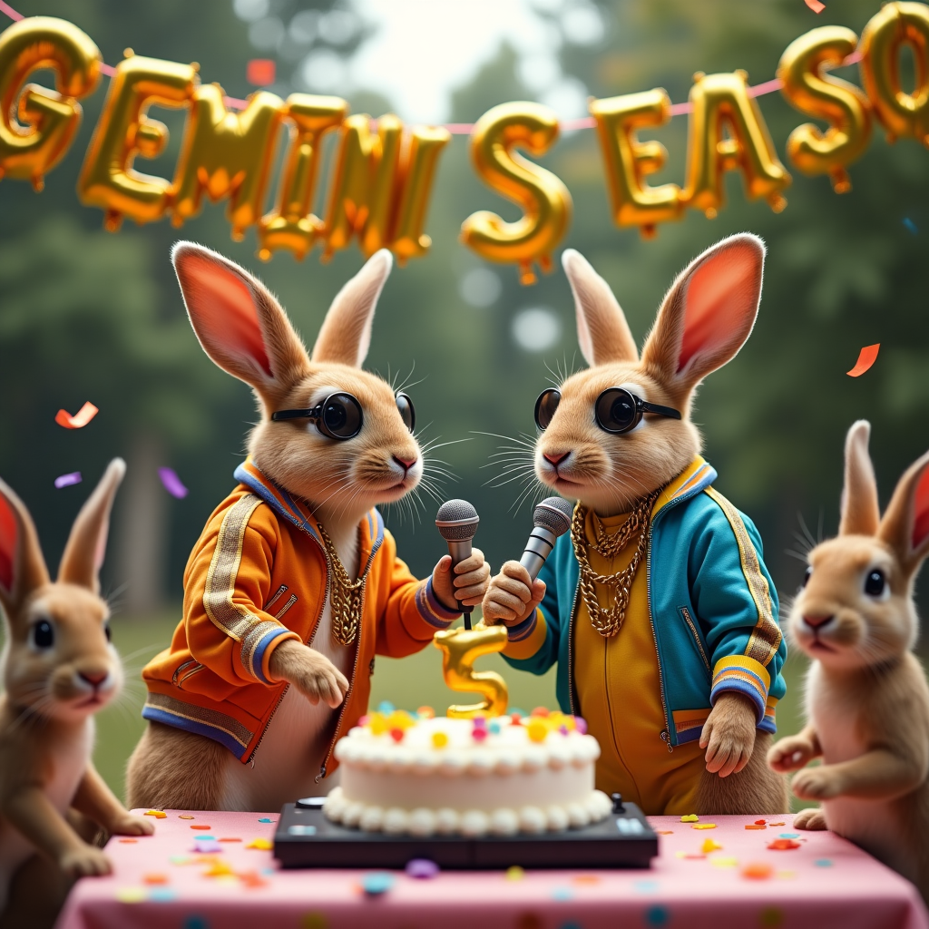 **Prompt:**  

A realistic photograph of two identical rabbits (twins) dressed in flashy, over-the-top reggaeton outfits — gold chains, sunglasses, and colorful tracksuits — throwing a wild backyard birthday party. The party is full of balloons shaped like zodiac symbols, with a big glittery "GEMINI SEASON" banner hanging between trees. One rabbit is rapping into a tiny mic, channeling full Bad Bunny energy, while the other DJ rabbit is behind a miniature turntable with oversized headphones. Around them, woodland animals dance, confetti flies in the air, and a birthday cake shaped like the Gemini constellation sits on a picnic table. The mood is outrageously festive and hilarious, like a furry Latin music video gone birthday bonkers.
Generated with these themes: Gemini, and Bad bunny.
Made with ❤️ by AI.
