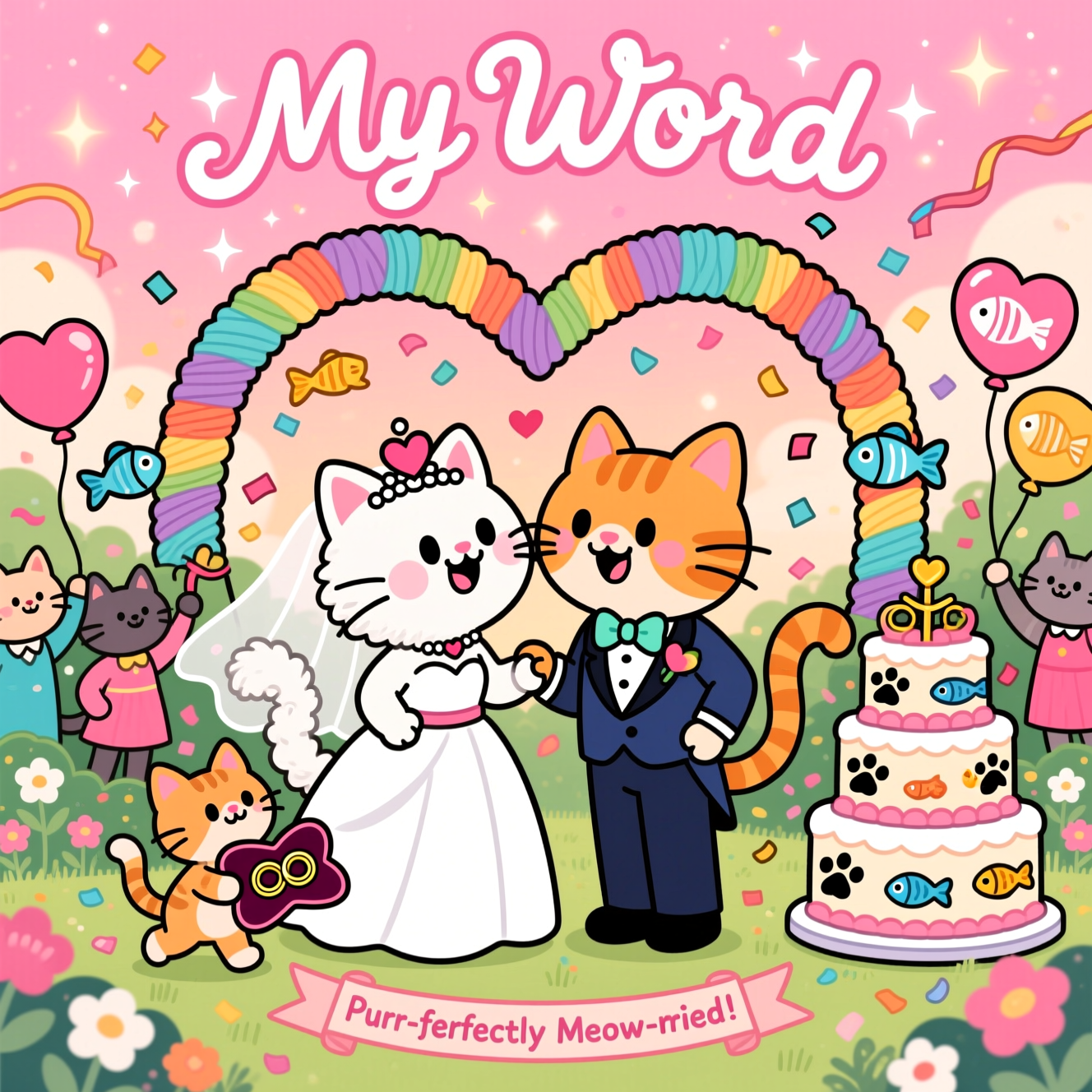 At the top of the Cartoon Style image, the text "My Word" in swoopy whimsical lettering, white fill with rosy-pink outline and tiny sparkles.

A romantic wedding scene starring two playful cartoon cats with exaggerated proportions, thick outlines, and bright saturated colors. Center stage: a fluffy white bride-cat with a flowing veil and heart-shaped tiara, and a dapper ginger tabby groom in a navy tux and mint bow tie. Their noses touch as their curly tails form a heart, energetic, joyful poses. They stand beneath a giant heart-shaped arch woven from oversized rainbow yarn. Heart- and fish-shaped confetti swirls through a warm pink-to-peach sky with twinkly sparkles and soft bokeh. A kitten ring-bearer toddles in with a fish-shaped velvet pillow holding golden rings. To one side, a towering tiered cake decorated with paw prints and tiny fish. Cat guests in colorful outfits toss confetti and wave ribbon streamers. Lush garden setting with stylized flowers and balloons shaped like hearts and fish. Clean cel shading, bold black outlines, playful, whimsical mood, full-bleed portrait composition.

At the bottom, a small ribbon banner reads: Purr-fectly Meow-ried!
Generated with these themes: Cats, and .
Made with ❤️ by AI.