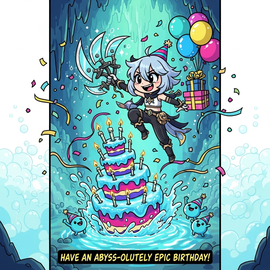 Cartoon-style, playful chibi Skirk (Genshin) bursting out of a shimmering Abyssal water portal that’s comically shaped like a multi-tier birthday cake, watery tiers stacked like frosting, splashes sparkling; Skirk in an energetic mid-leap pose with a mischievous grin, tilted party hat, one hand conjuring glowing hydro blade-candles that pop onto the cake, the other steadying a wobbling stack of gift boxes; confetti, streamers, and bubbly blue balloons swirl around; a couple of tiny hydro slimes in party hats cheer from the base of the cake; background: whimsical, bright “Abyss” cavern with soft bioluminescent bubbles—fun, not scary; thick black outlines, exaggerated proportions, bold cel shading, saturated palette (aqua, electric blue, teal, magenta, lemon yellow), chunky highlights, dynamic motion lines; vertical composition, large central figure; include a small caption at the bottom in chunky bubble lettering with a dark outline: “Have an Abyss-olutely Epic Birthday!”; high resolution, clean linework, no other text, no watermark.
Generated with these themes: Genshin Skirk, and .
Made with ❤️ by AI.