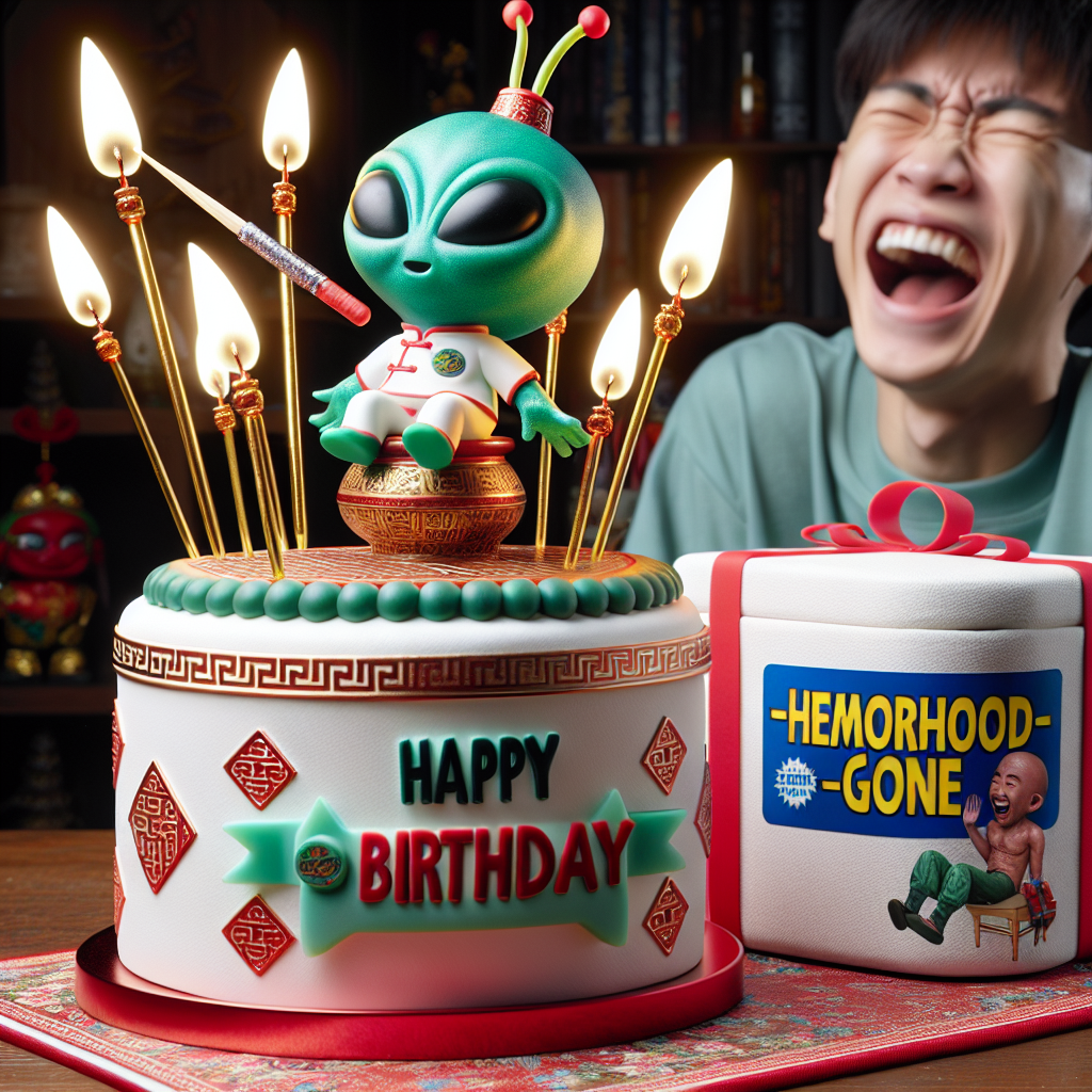The scene is an amusing mix of birthday and unexpected elements. In the center is a birthday cake decorated with traditional Chinese motifs. Rather than a classic cake topper, it features a small, green, alien figure with big ears wielding chopsticks. The candles adorning the cake aren't ordinary either - they're miniature luminescent swords. To the right, a character is laughing with glee, opening a gift, and inside is a comically themed 'Hemorrhoid-Be-Gone' cream, adding a surprising touch of humor to the celebratory occasion.
Generated with these themes: Chinese , Star wars, and Anal piles.
Made with ❤️ by AI.