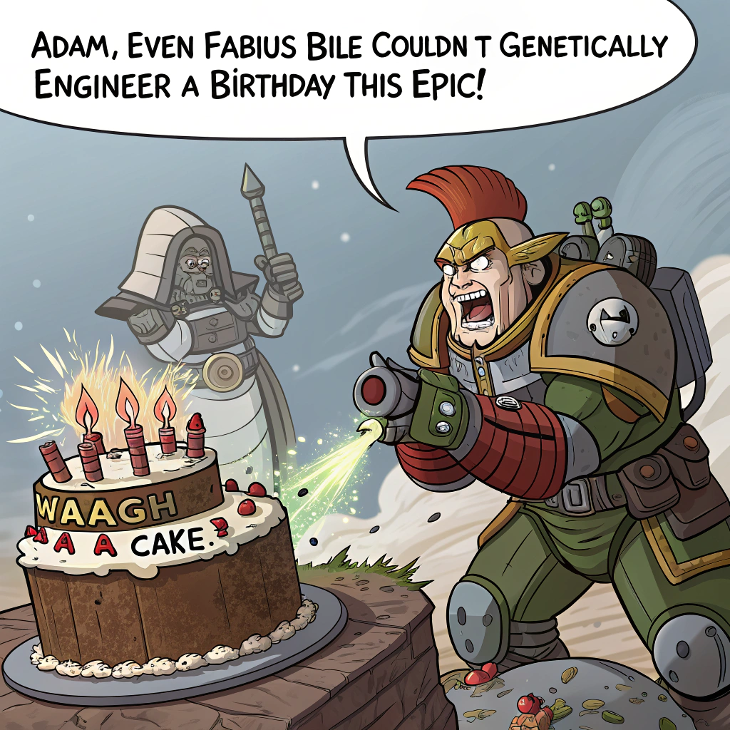 At the top of the image, "Adam, even Fabius Bile couldn’t genetically engineer a birthday this epic!"

– In the cartoon image, depict an all-out Warhammer 40k battlefield cake fight:  
  - A grumpy Necron overlord is wearing a party hat and sulking as gooey birthday cake drips off his metallic frame.  
  - Orks are charging gleefully with icing-splattered choppas, yelling “WAAAGH-lava cake!”  
  - A confused squad of Grey Knights is using psyker powers to levitate candles onto a galaxy-sized cake shaped like a dreadnought.  
  - A Tau Fire Warrior is taking aim at a balloon floating above a Chaos Spawn shaped like Nurgle’s smiling belly.  
  - In the distance, an Imperial Knight towers above everyone holding a gigantic candle, while a Raven Guard tries to stealthily swipe a slice of cake.  
  - Fabius Bile is there with test tubes full of rainbow sprinkles, giggling maniacally.  
  - The Space Wolves are grilling Leman Russ burgers in the background next to a "Happy Birf-day, Adam!" banner hastily scrawled in crude Ork graffiti.  

Everything is wild, explosive, and utterly ridiculous – just like Adam's big day.
Generated with these themes: Warhammer 40k, Warhammer 40k Orks, Warhammer Imperial Guard, Warhammer Grey Knights, Warhammer Tau, Warhammer Imperial Knights, Warhammer Raven Guard, Warhammer Fabius Bille, Warhammer Nurgle, Warhammer Space Wolves, and Warhammer Nekrons.
Made with ❤️ by AI.