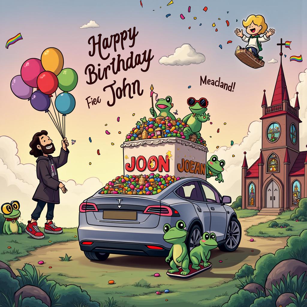 In a whimsical and surreal cartoon birthday scene inspired by the styles of Charles Schulz, Walt Disney, and other legendary artists, we find a fantastical landscape filled with quirky characters and vibrant details. The sky is a gradient of pastel pinks and purples, with fluffy clouds spelling out "Happy Birthday Brother John" in a whimsical, curly font reminiscent of a Peanuts strip.

In the foreground, a lively group of anthropomorphic frogs wearing fashionable "roadman" attire - think tracksuits, hoodies, and chunky sneakers - are gathered around a Tesla that has been whimsically converted into a birthday float. The Tesla is covered in rainbow-colored streamers and balloons, and its trunk is open, overflowing with Haribo sweets of every variety: gummy bears, cola bottles, and jelly rings.

To the left, a cheerful cartoon Jesus, styled with a mix of Walt Disney's charm and Hergé's clarity, is standing on a patch of lush green grass, holding a rainbow flag high above his head, smiling warmly. His robe has subtle accents of the rainbow colors, tying into the theme of being gay in a respectful and inclusive manner.

In the background, a large, ornate birthday cake stands prominently with the words "Brother John" written in colorful icing. The cake has multiple tiers, each decorated with miniature Teslas, tiny Haribo sweets, and small cartoon frogs.

Further back, there's a whimsical comic strip-style church with stained glass windows that depict scenes of roadmen and frogs celebrating together, blending elements of Calvin and Hobbes' playful storytelling with the detailed artistry of Winsor McCay.

To the right, a pair of roadmen frogs are having a grand time on hoverboards, their oversized sneakers gliding over a path made of jellybeans. One of them is wearing a gold chain that spells out "Brother John" in sparkling letters.

In the upper right corner, a small, adorable manga-styled cherub (inspired by Osamu Tezuka) hovers in the air, sprinkling confetti and holding a banner that reads, "Have a Froggy Birthday!"

Every element in the scene is detailed with a mix of humor and heart, creating a unique and unforgettable birthday card cover for "Brother John."
Generated with these themes: Frogs, Jesus, Being gay, Roadmen, Teslas, and Haribo sweets .
Made with ❤️ by AI.