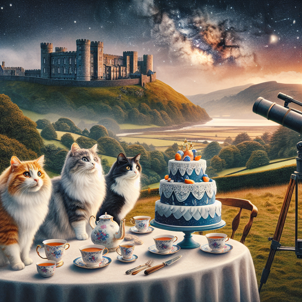 White calico cat, Tuxedo cat, Ginger cat, Wales , Tea, Cake , Telescope, and Caldicot Birthday Card