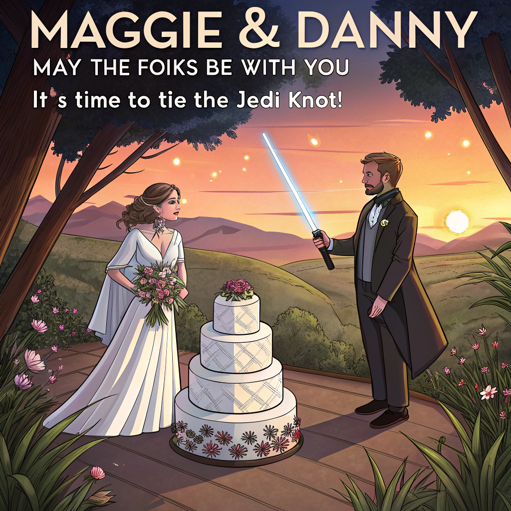 At the top of the image, "Maggie & Danny, may the forks be with you – it’s time to tie the Jedi knot!"

- In the center of the realistic photograph, depict a dramatic Star Wars-style wedding scene. The setting is a romantic alien landscape—like Naboo at sunset—but instead of classic wedding attire, the couple (modeled after Maggie and Danny) are in a hybrid of formal wear and Jedi robes.

- Maggie wields a lightsaber-shaped bouquet and is force-levitating the wedding cake behind her. Danny, wearing a stormtrooper helmet and a tuxedo, is trying (unsuccessfully) to use the Force to pop a champagne bottle floating in midair.

- Behind them, a group of Star Wars characters act as the wedding party: Chewbacca tossing droid parts like confetti, R2-D2 as the ring bearer with a satin pillow on top, and Darth Vader reluctantly clapping with sparkler streamers coming from his fingertips.

- Add subtle humorous wedding decorations: a banner in the background reading “I Chews You,” Ewoks stringing up lights made from Death Star disco balls, and Yoda officiating the ceremony holding a tiny book that says “Vows, They Are.”

- Mood: Whimsical, nerdy, cheeky joy—packed with references for a pair of fun-loving Star Wars fans.
Generated with these themes: Star wars.
Made with ❤️ by AI.