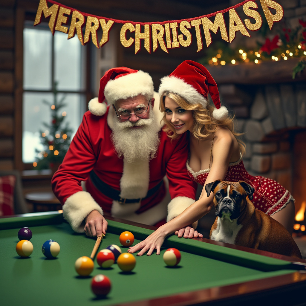 Santa, Snooker, Boxer dog, Sexy lady, and Sexy lady wearing Santa lingerie playing snooker with Santa and Boxer Dog. Merry Christmas Chris banner Christmas Card
