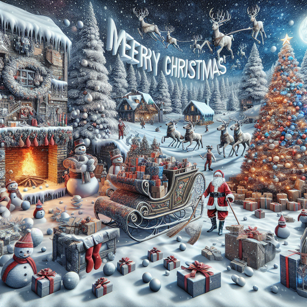 This surreal-realistic Christmas scene merges wonder with realism, where a quaint winter wonderland is lined with cheerful snowmen and industrious elves transporting presents. Santa's workshop appears out of a storybook, with Santa and his reindeer gearing up for their annual flight. A majestic Christmas tree, laden with ornate decorations, presides over a treasure trove of presents, each one a promise of joy. A stately fireplace acts as the scene's hearth, with eleven stockings — each a masterpiece of design — hanging expectantly. Above this enchanting setting, the phrase 'Merry Christmas' materializes in a glowing script that seems to dance in the icy air.
Generated with these themes: winter wonderland/snowmen/elves/santas workshop/santa/reindeer/presents/christmas tree/ fireplace/ eleven stockings.
Made with ❤️ by AI.