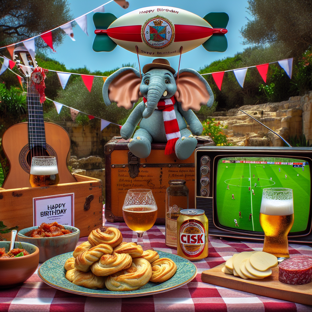 An enchanting birthday scene set in the sunny outdoors of Malta. The central focus is a picnic with a tasty spread of traditional Maltese Ricotta pastizzi and a six-pack of Cisk lager. In the background, a vintage TV plays a football match featuring an iconic English football club. An endearing, large-eared cartoon elephant hovers above the scene, accessorized with a scarf boasting the colors of the football club, and performing the role of a makeshift blimp holding up a festive 'Happy Birthday' sign. Nestled within the scene, a plate of spicy salami and a classic guitar hint at a delightful country music serenade, adding joy to the celebration.
Generated with these themes: Malta, Ricotta pastizzi , Cisk lager, West ham football, Dumbo, Salami, and Country music.
Made with ❤️ by AI.