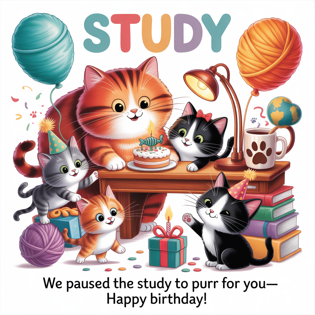 At the top of the Cartoon Style image, "study"

At the bottom of the image, "We paused the study to purr for you—Happy Birthday!"

In the center, depict a warm, lively scene of adorable cats turning a cozy study nook into a heartfelt birthday moment: a big, fluffy ginger cat with an oversized head presents a small cake topped with a fish-shaped candle; a tuxedo cat in a tiny bow tie offers a neatly wrapped gift; a calico kitten in a bright party hat leaps with paw-print confetti. Arrange them around a wooden desk piled with colorful books, a steaming mug with a paw motif, a glowing desk lamp, and yarn-ball balloons (one shaped like a globe). Keep expressions tender and joyful—soft smiles, sparkling eyes, gentle cuddles. Use thick outlines, exaggerated proportions, and bright saturated colors (teal, coral, sunshine yellow, lavender). Give the cats whimsical, energetic poses, but bathe the scene in warm light for a sincere, cozy feel. Leave generous clean space behind the characters to frame the top and bottom text clearly, with friendly hand-lettered styling and high contrast so both lines stand out.
Generated with these themes: Cats, and .
Made with ❤️ by AI.