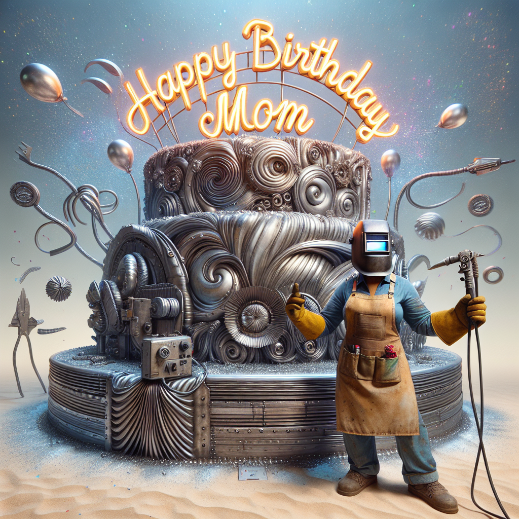 Strong woman welder in front of a metal birthday cake with happy birthday mom neon sign Birthday Card