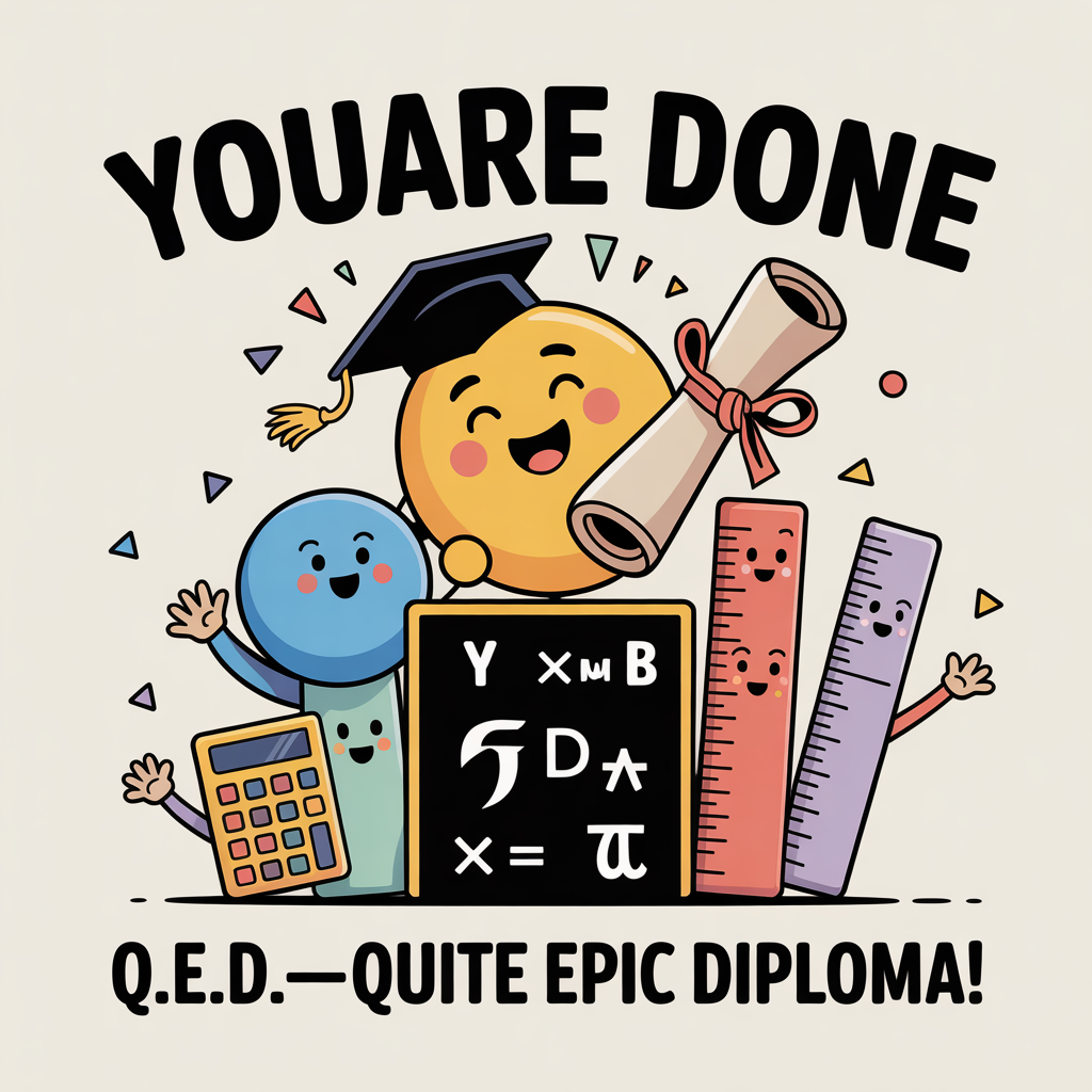 At the top of the Vector Style image, "youare done"

At the bottom of the image, "Q.E.D.—Quite Epic Diploma!"

- Center a cute, smiling pi (π) character hugging a tied diploma scroll, mid-leap, with a mortarboard cap popping off into the air. Give the pi soft cheeks, tiny eyebrows, and a joyful expression.
- Behind pi, a clean chalkboard panel with crisp white math doodles: y = mx + b, √, Σ, and tiny geometric shapes—kept subtle and minimal so they don’t compete with the text.
- Flanking pi: a cheerful calculator, a blushing protractor, and a friendly ruler—each with tiny faces and waving hands, tossing confetti triangles and circles.
- Color palette: sky blue, sunshine yellow, mint, coral, and lavender on a soft off-white background; solid color blocks with crisp, uniform strokes; minimal or no gradients; subtle shadow separations only.
- Typography: bold, rounded sans-serif. Make the headline large and centered at the top; the punchline smaller and confident at the bottom. Keep ample negative space around both lines for clarity.
- Overall vibe: clean flat-vector, modern, cute, celebratory; precise lines, balanced composition, playful geometric confetti and star-sparkles to emphasize the “graduating math whiz” theme.
Generated with these themes: Learning maths graduating, and .
Made with ❤️ by AI.