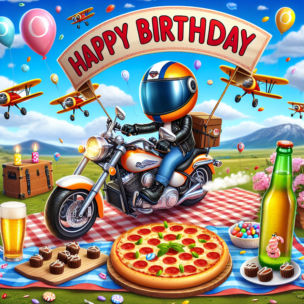 Hells angel, Motor bike , Planes, Beer, Pizza, and Reeces pieces Birthday Card