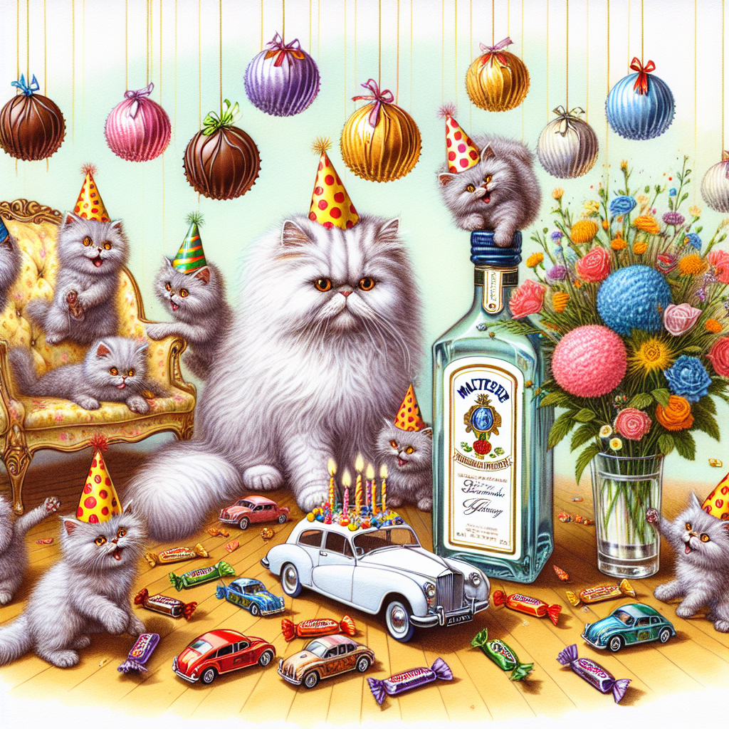 Imagine a delightful birthday scene enhanced by the jovial antics of Persian cats wearing festive hats, engaging in playful antics with hanging Maltesers. In the heart of the setting is a bottle of gin, catching and reflecting the soft, celebratory glow around. A collection of miniature cars serves a peculiar yet endearing purpose, acting as vases bursting with colorful, fresh flowers. This alluring illustration encapsulates the essence of a joyful birthday celebration.
Generated with these themes: Persian cats, Gin , Cars, Flowers, and Maltesers.
Made with ❤️ by AI.