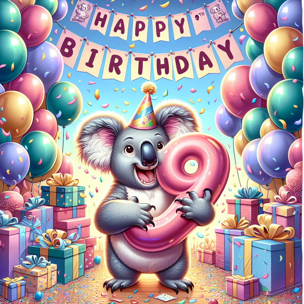 Create an illustration that showcases a highly vibrant and lively birthday setting. The backdrop is filled to the brim with oversized balloons of various colors and an abundance of confetti. At the center, a joyous koala wearing a party hat stands out, firmly grasping a large number '9', signifying the ninth birthday of a young girl. The koala is enveloped by a torrent of wrapped gifts, and overhead, a custom-made banner proudly proclaims 'Happy 9th Birthday!' with elegant scripting. The overall ambiance of the scene is delightfully playful and endearing, making it a perfect composition for a birthday celebration.
Generated with these themes: 9th birthday, Goddaughter, and Koalas.
Made with ❤️ by AI.